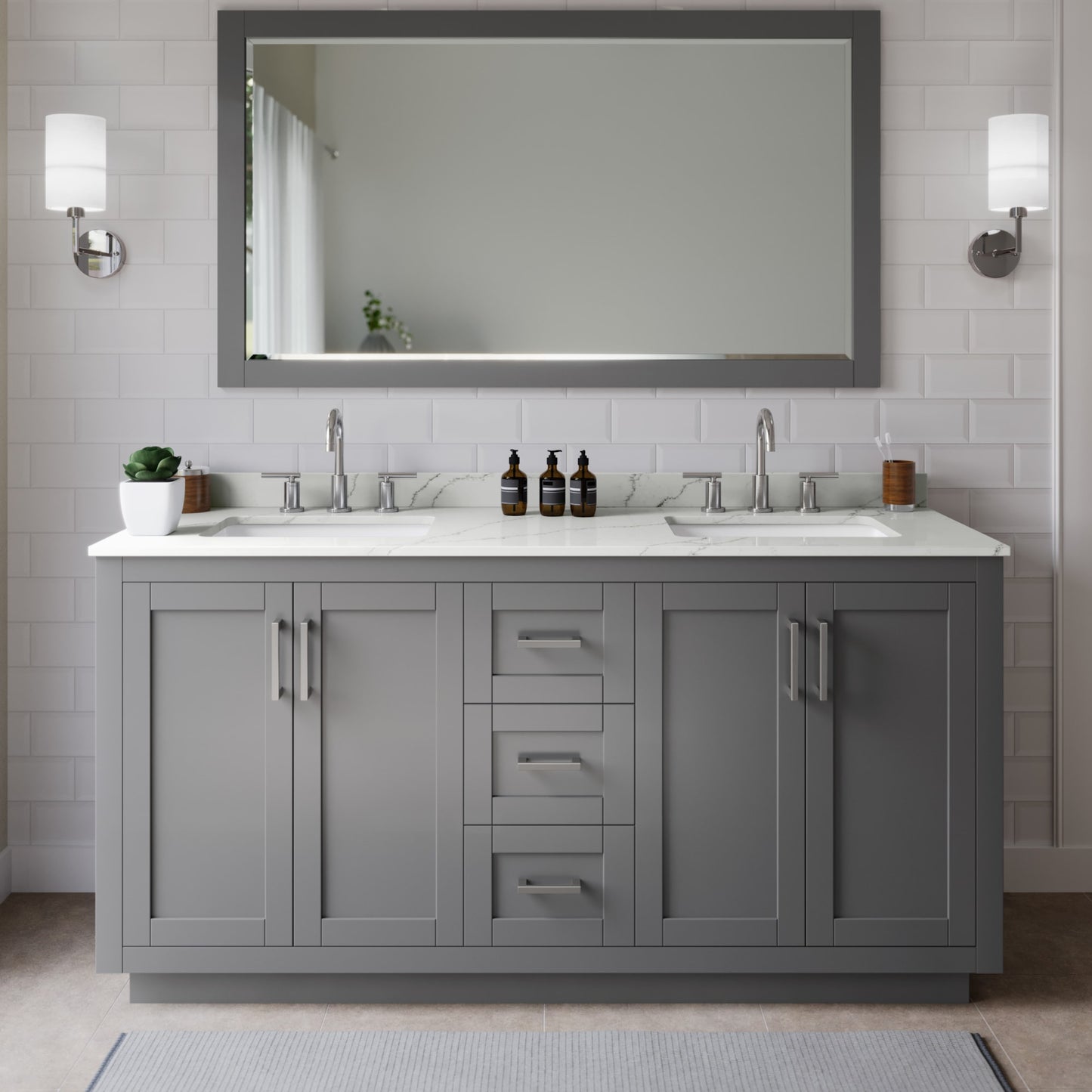 Miranda Bathroom Vanity with Countertop 66 inch Double Sink 3-hole Faucet Setup