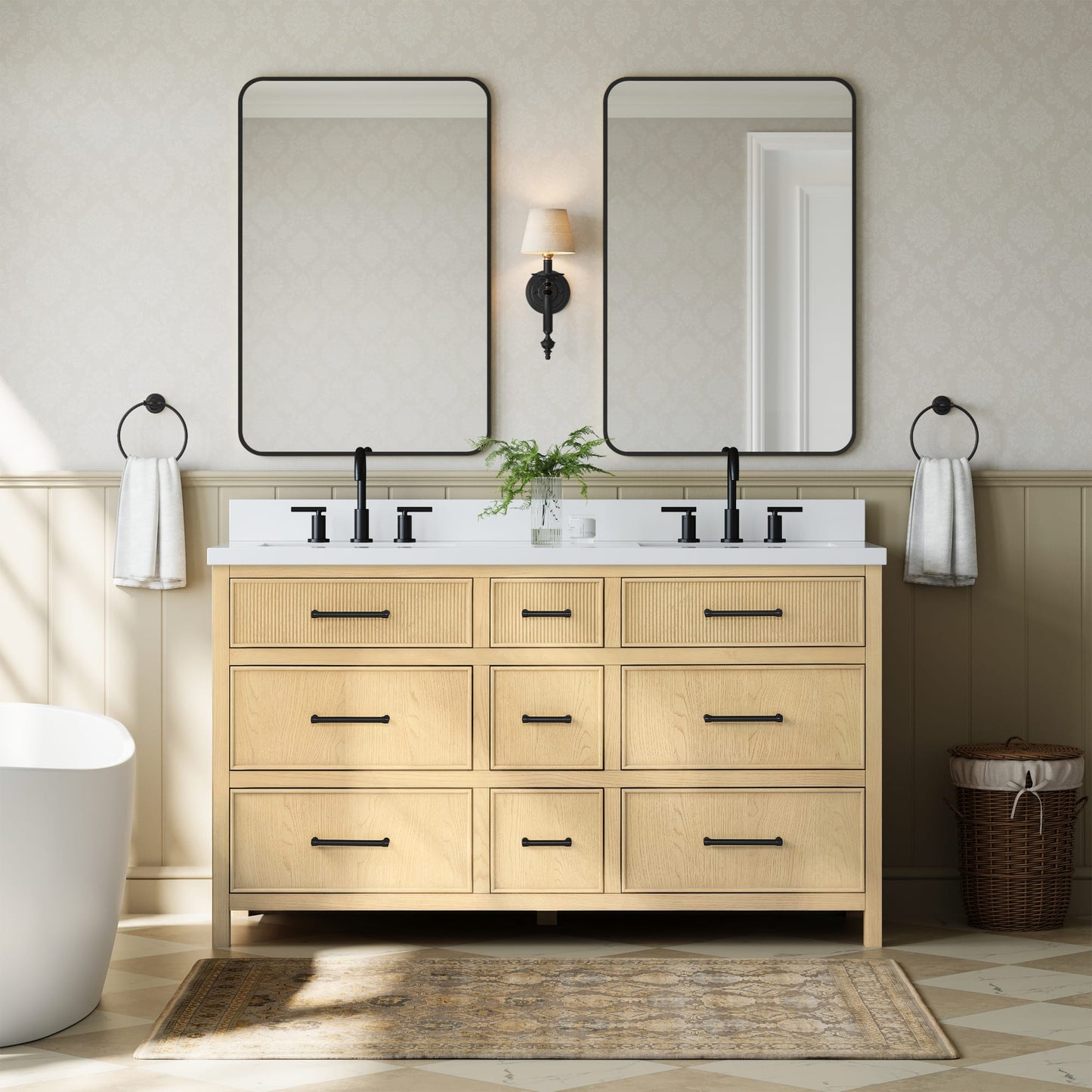 Isola Bathroom Vanity with Countertop 60 inch Double Sink 3-hole Faucet Setup