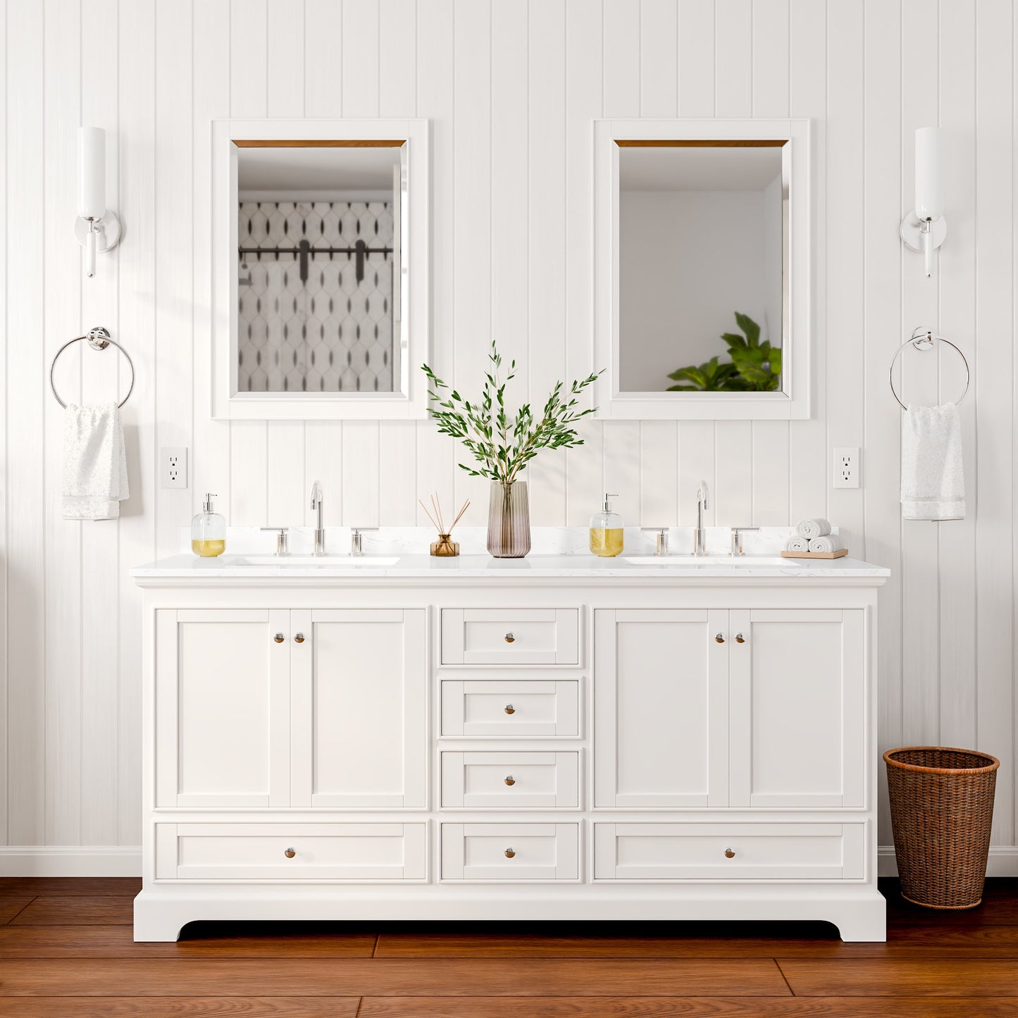 Deborah Bathroom Vanity with Countertop 72 inch Double Sink 3-hole Faucet Setup
