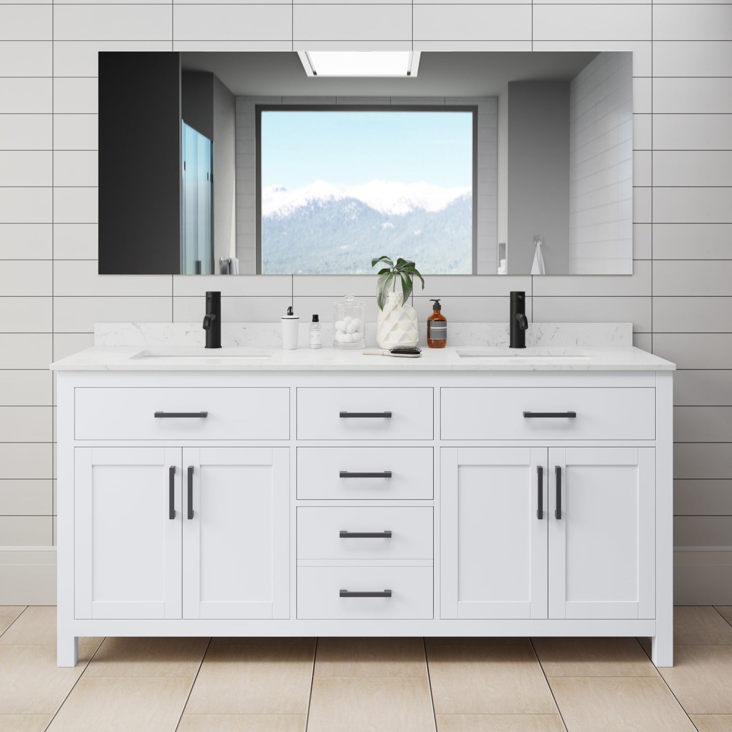 Beckett Bathroom Vanity with Countertop 72 inch Double Sink Single hole Faucet Setup