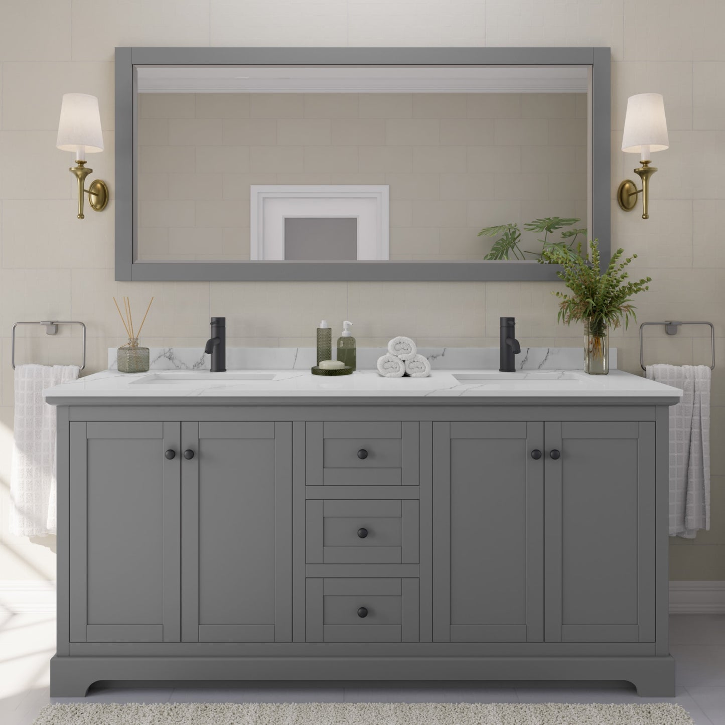 Avery Bathroom Vanity with Countertop 72 inch Double Sink Single hole Faucet Setup