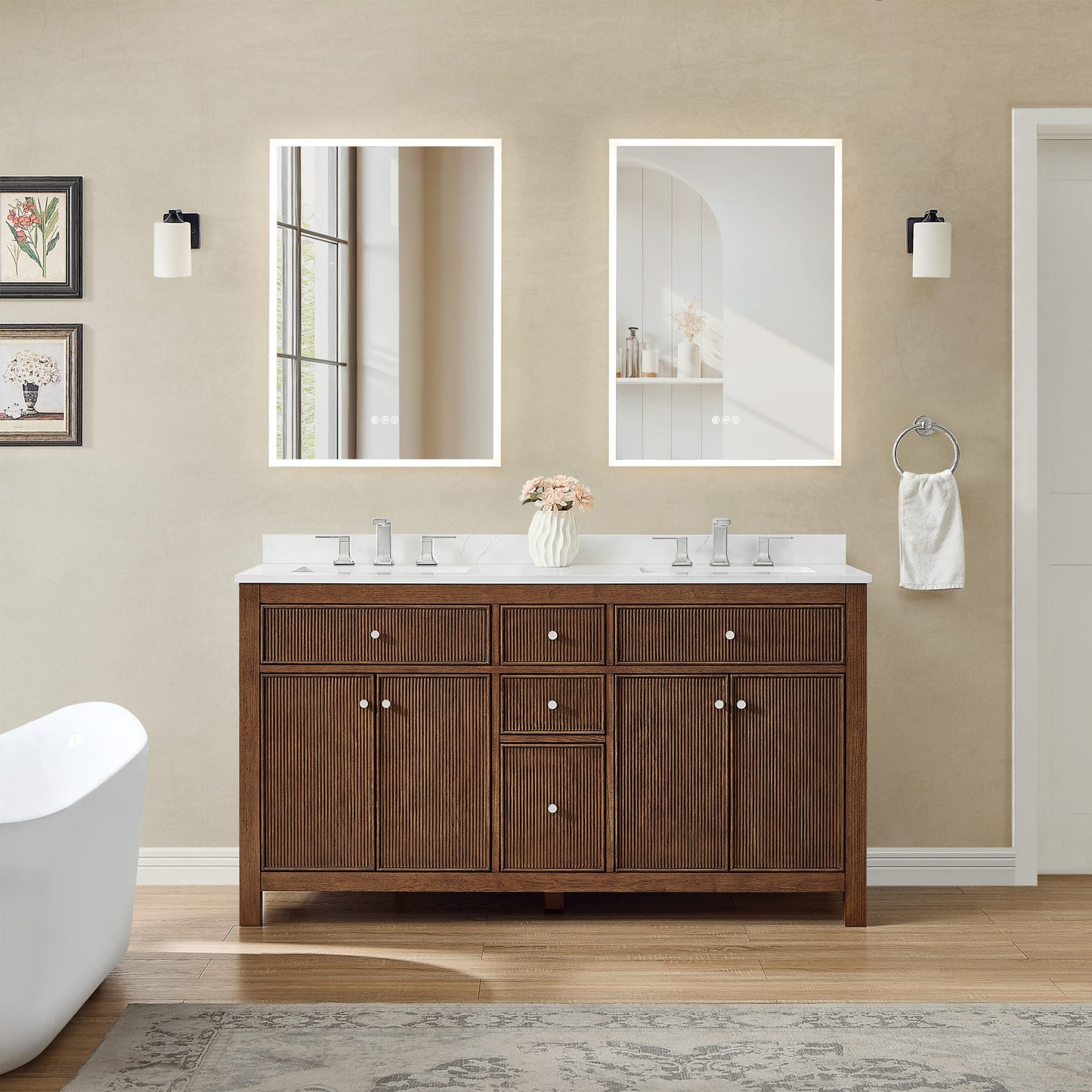 Pendry Bathroom Vanity with Countertop 60 inch Double Sink 3-hole Faucet Setup