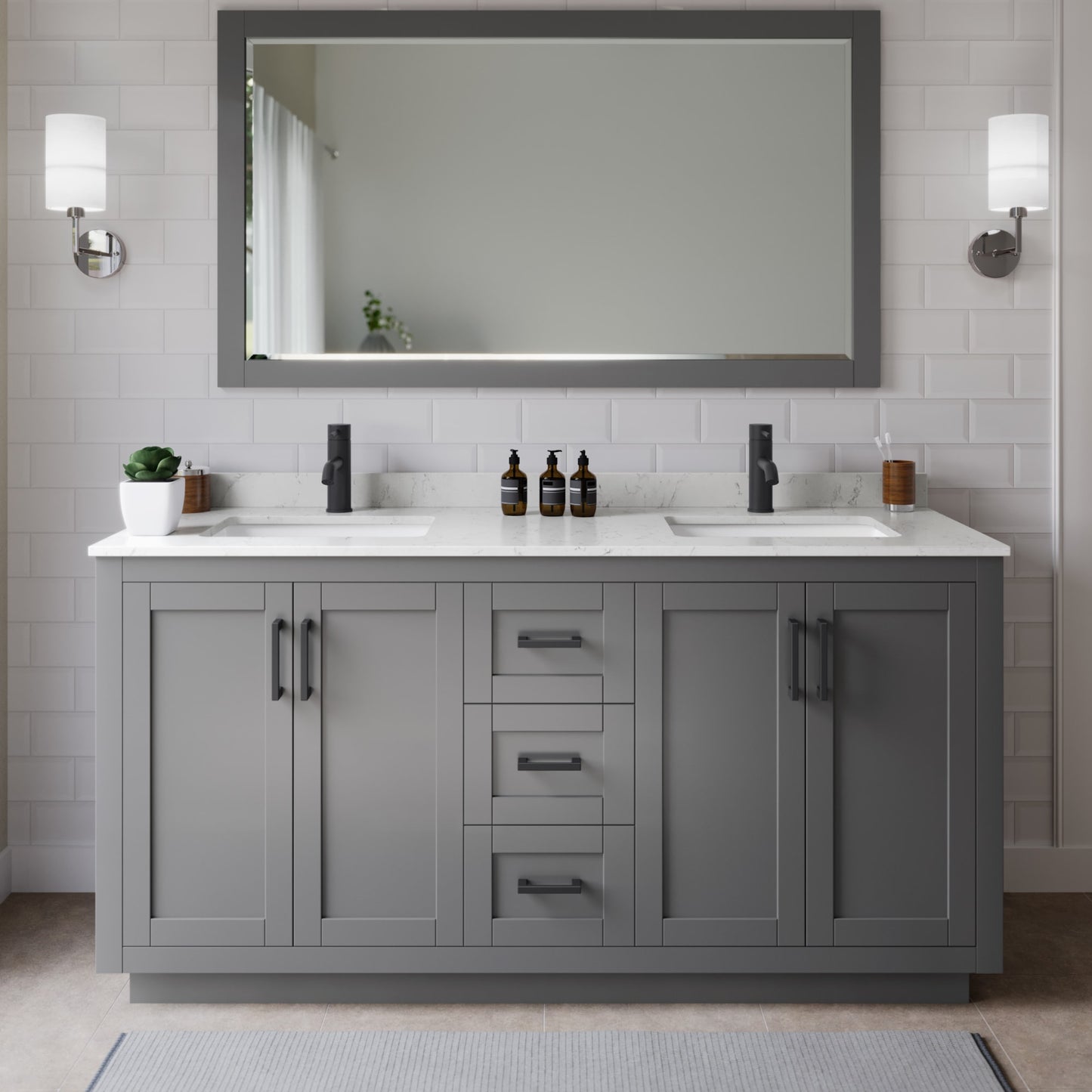 Miranda Bathroom Vanity with Countertop 66 inch Double Sink Single hole Faucet Setup