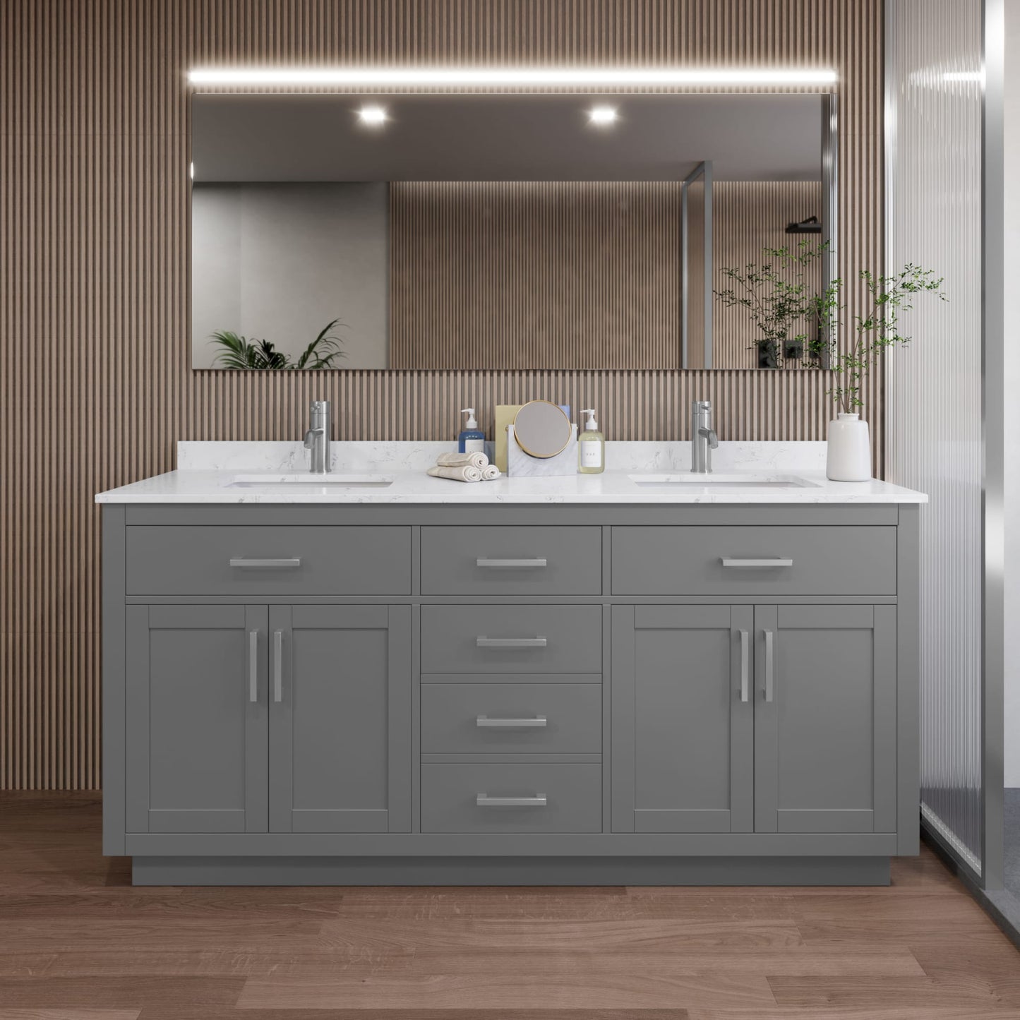 Beckett TK Bathroom Vanity with Countertop 72 inch Double Sink Single hole Faucet Setup