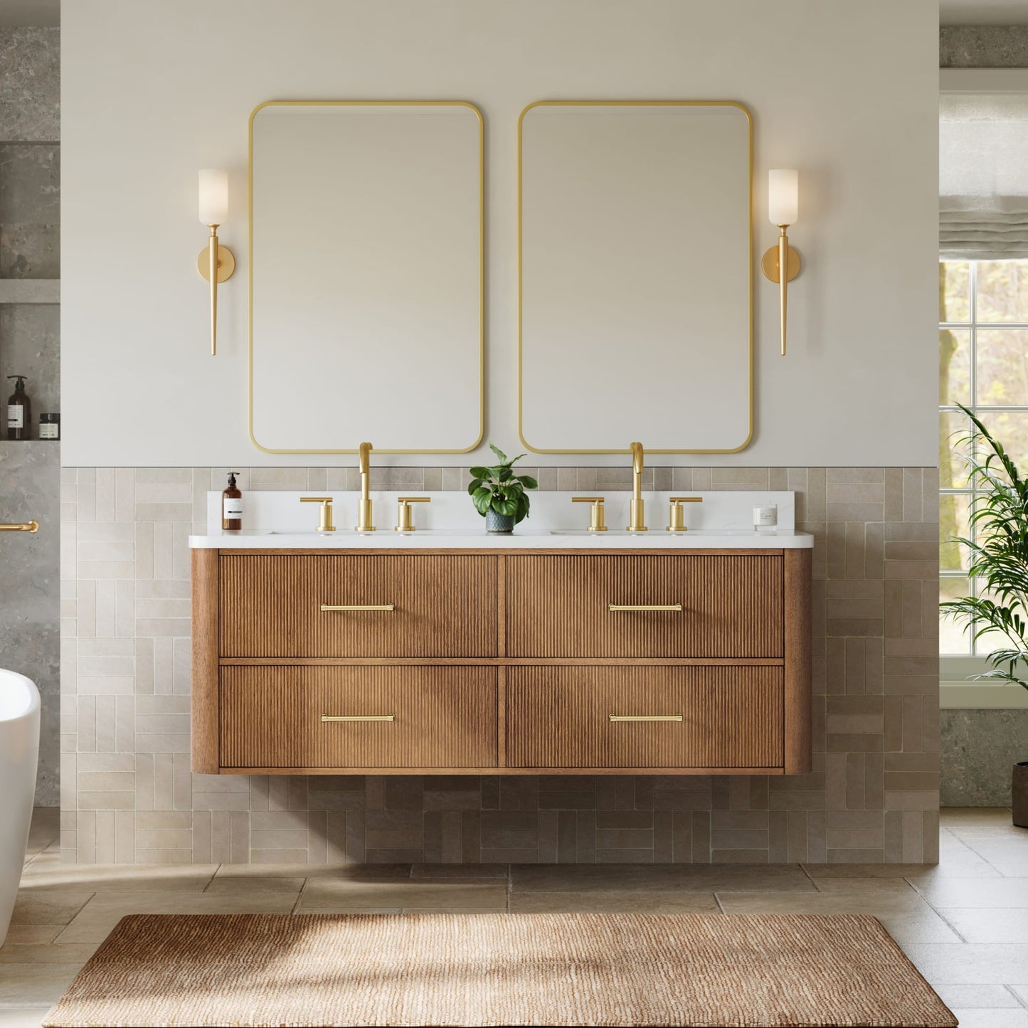 Francesca WM Wall Mounted Bathroom Vanity with Countertop 60 inch Double Sink 3-hole Faucet Setup
