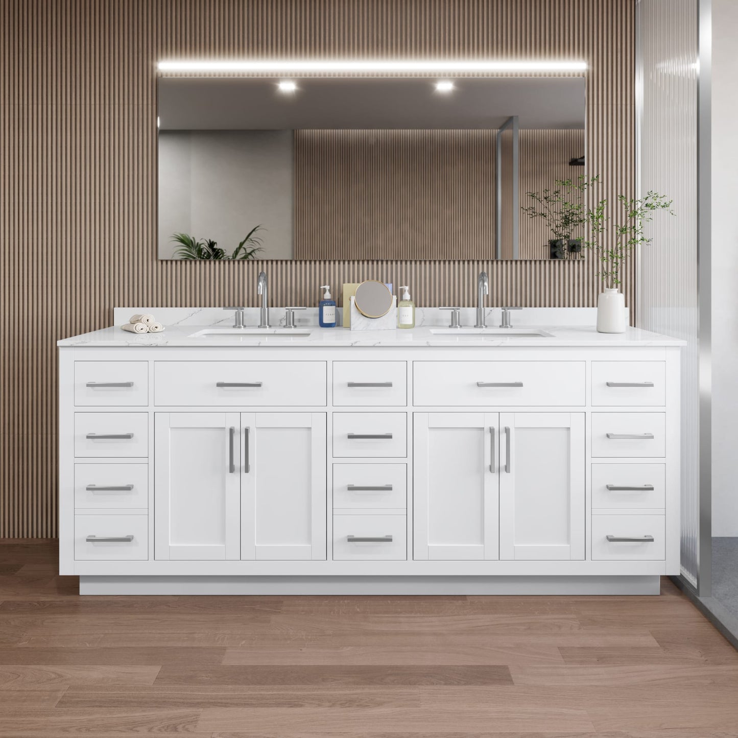 Beckett TK Bathroom Vanity with Countertop 84 inch Double Sink 3-hole Faucet Setup