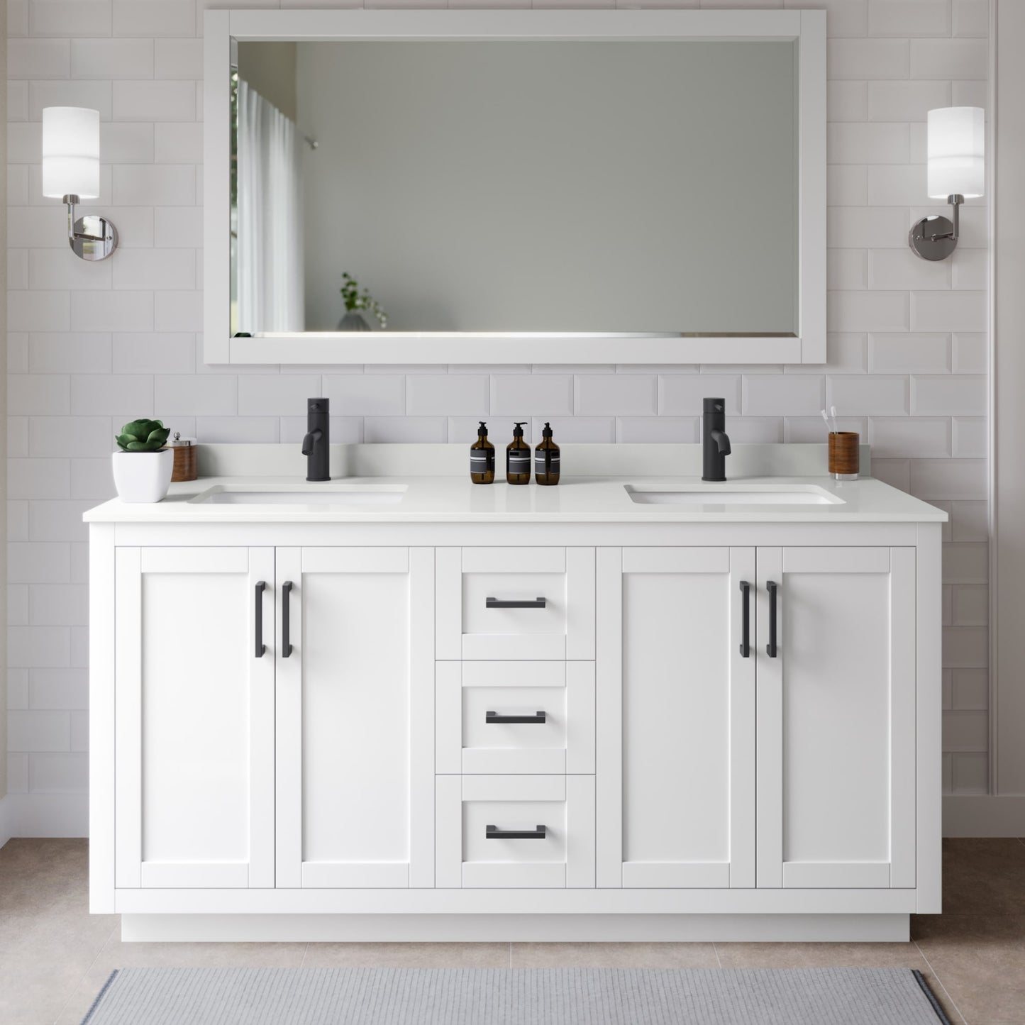 Miranda Bathroom Vanity with Countertop 66 inch Double Sink Single hole Faucet Setup