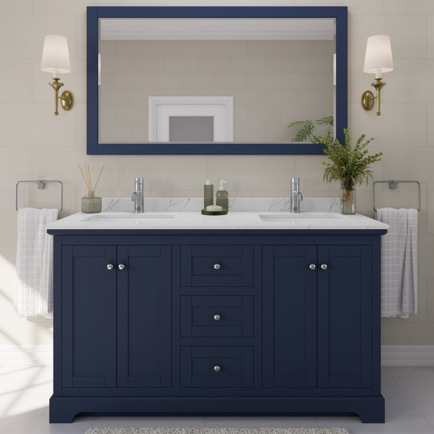 Avery Bathroom Vanity with Countertop 60 inch Double Sink Single hole Faucet Setup