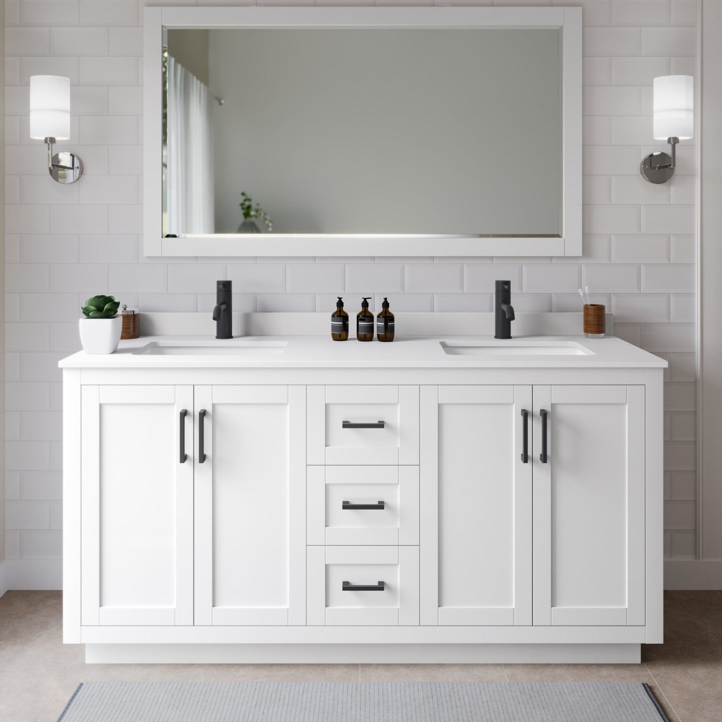 Miranda Bathroom Vanity with Countertop 66 inch Double Sink Single hole Faucet Setup