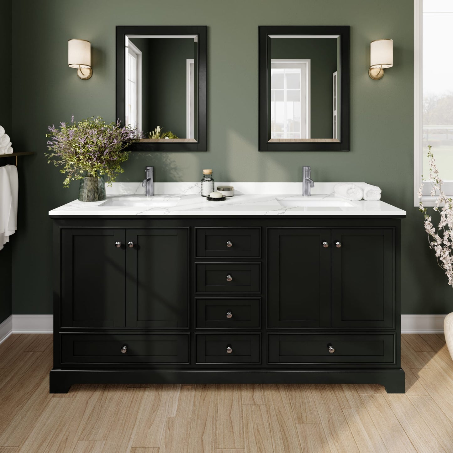 Deborah Bathroom Vanity with Countertop 72 inch Double Sink Single hole Faucet Setup