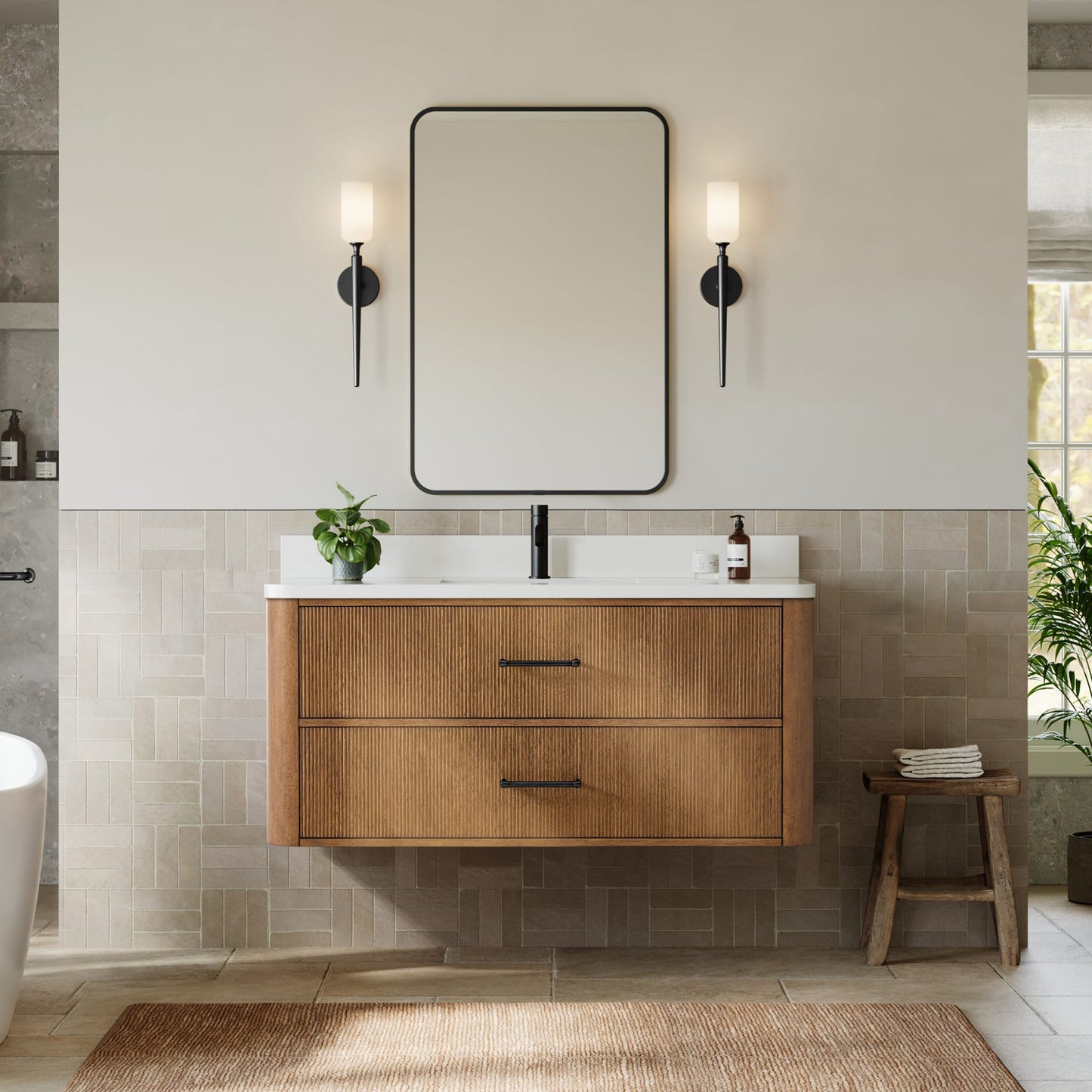 Francesca WM Wall Mounted Bathroom Vanity with Countertop 48 inch Single Sink Single hole Faucet Setup