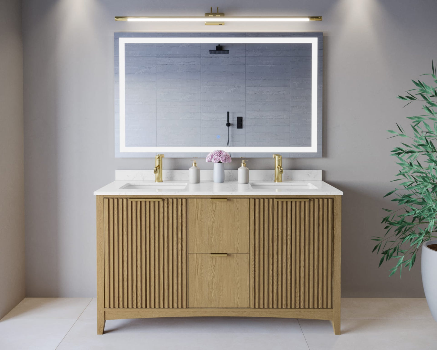 Palmilla Bathroom Vanity with Countertop 60 inch Double Sink Single hole Faucet Setup