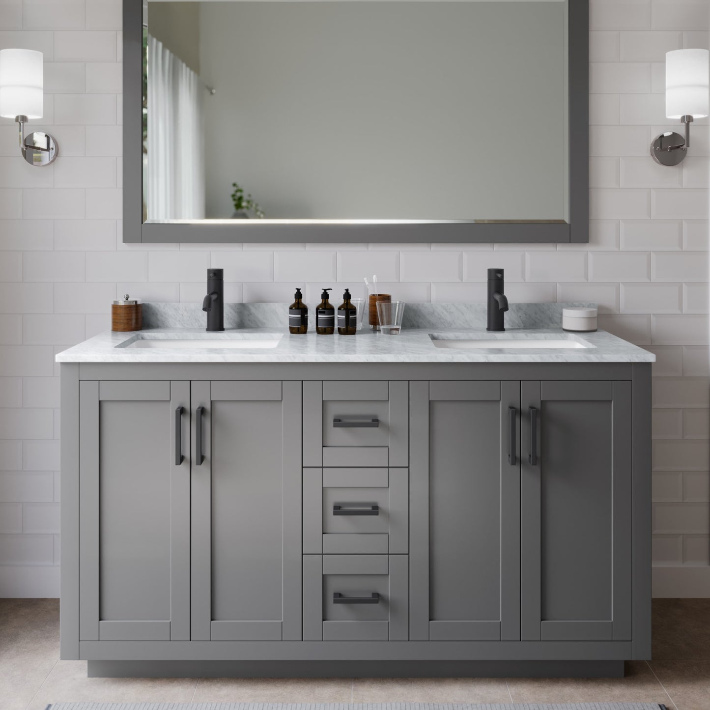 Miranda Bathroom Vanity with Countertop 60 inch Double Sink Single hole Faucet Setup
