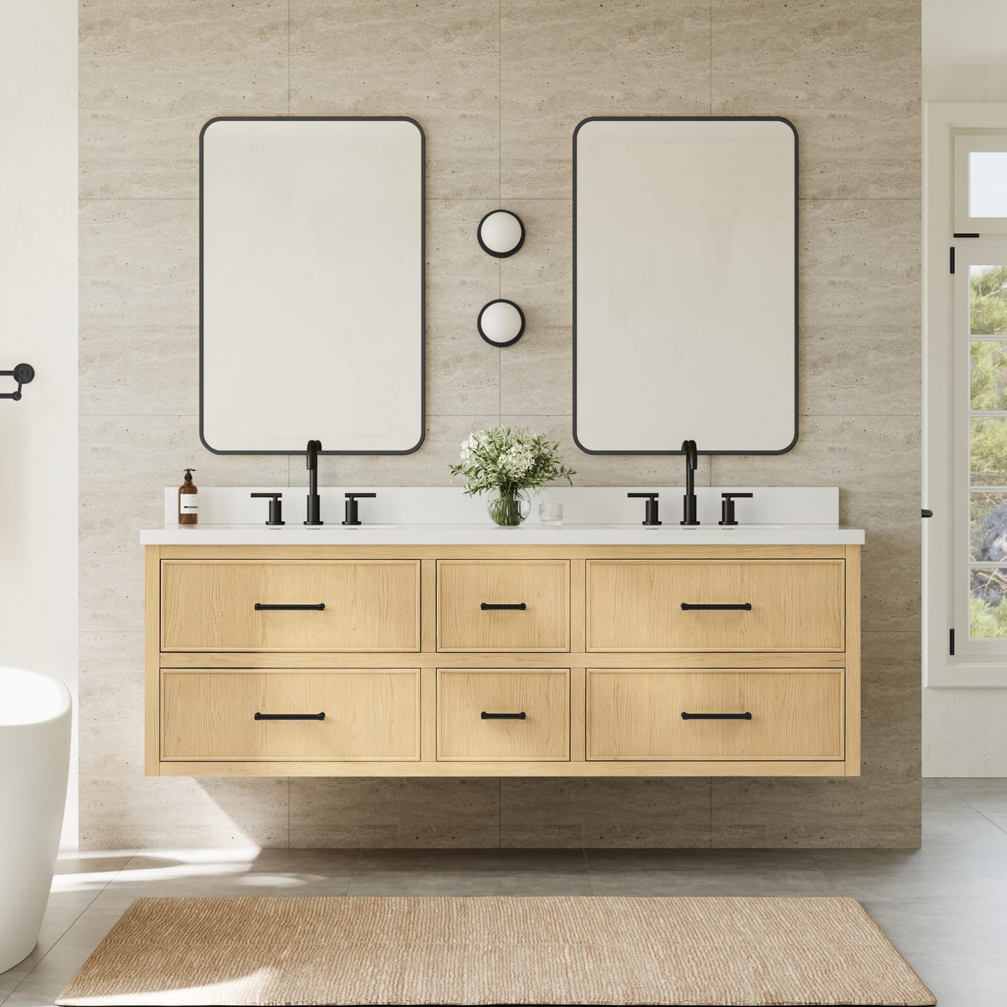 Isola WM Wall Mounted Bathroom Vanity with Countertop 72 inch Double Sink 3-hole Faucet Setup