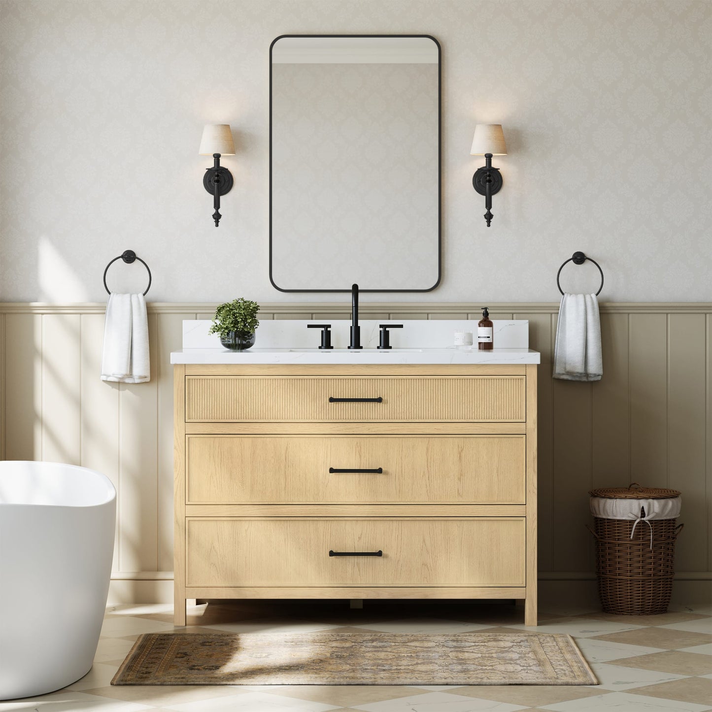 Isola Bathroom Vanity with Countertop 48 inch Single Sink 3-hole Faucet Setup