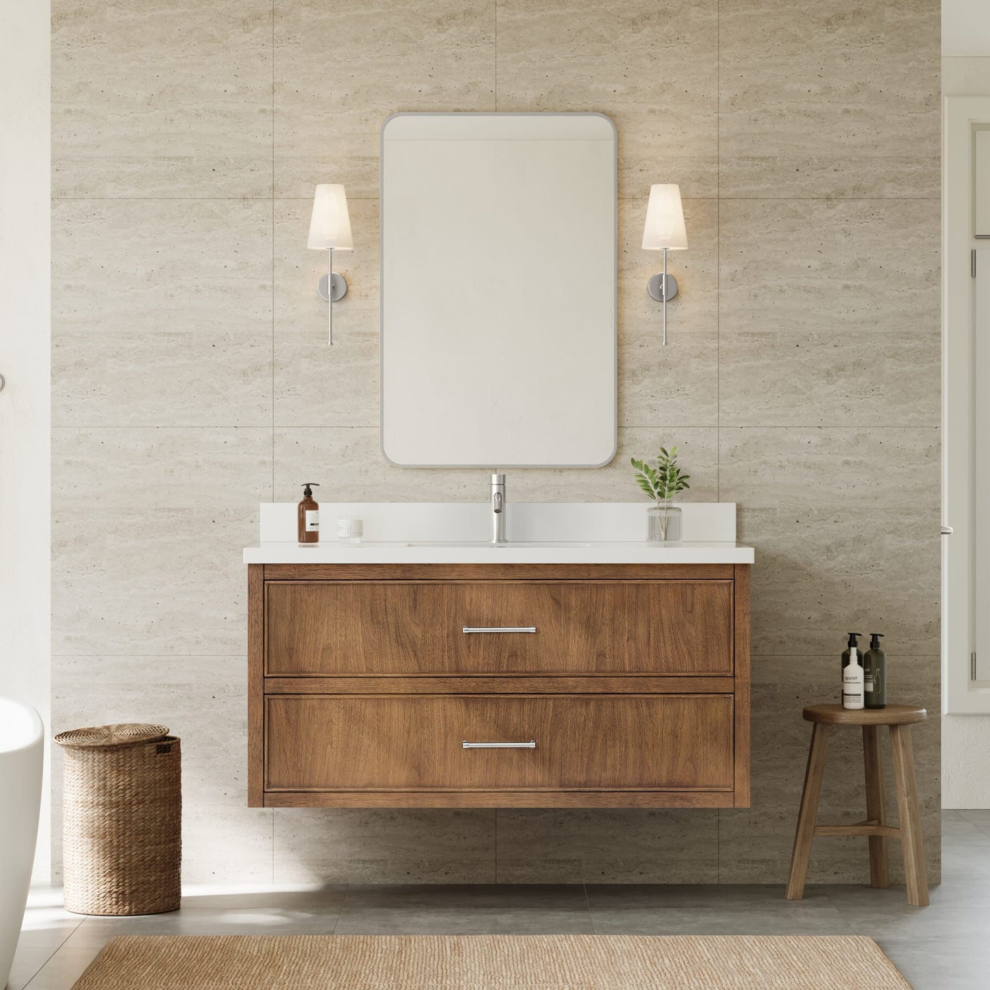 Isola WM Wall Mounted Bathroom Vanity with Countertop 48 inch Single Sink Single hole Faucet Setup