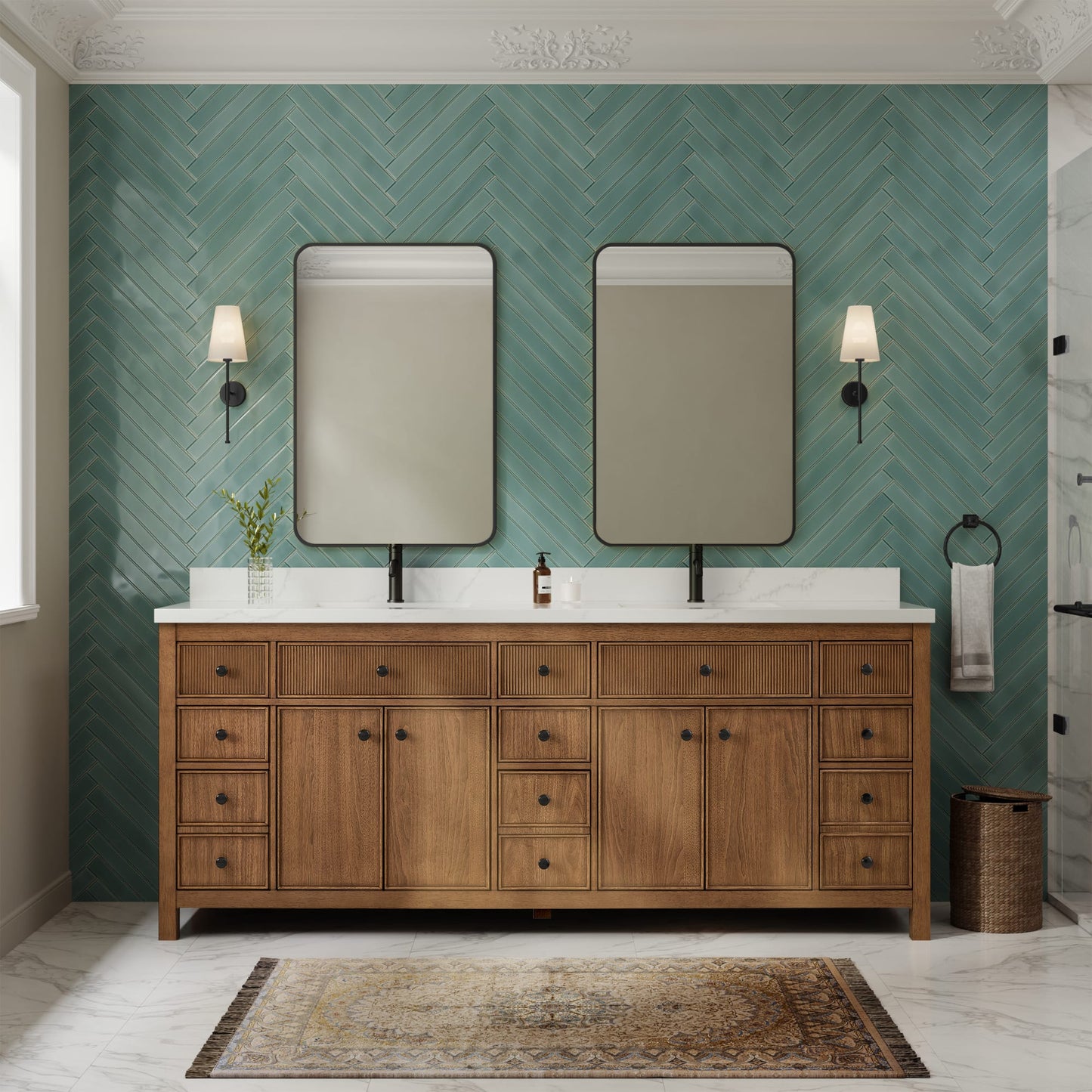 Rian Bathroom Vanity with Countertop 84 inch Double Sink Single hole Faucet Setup
