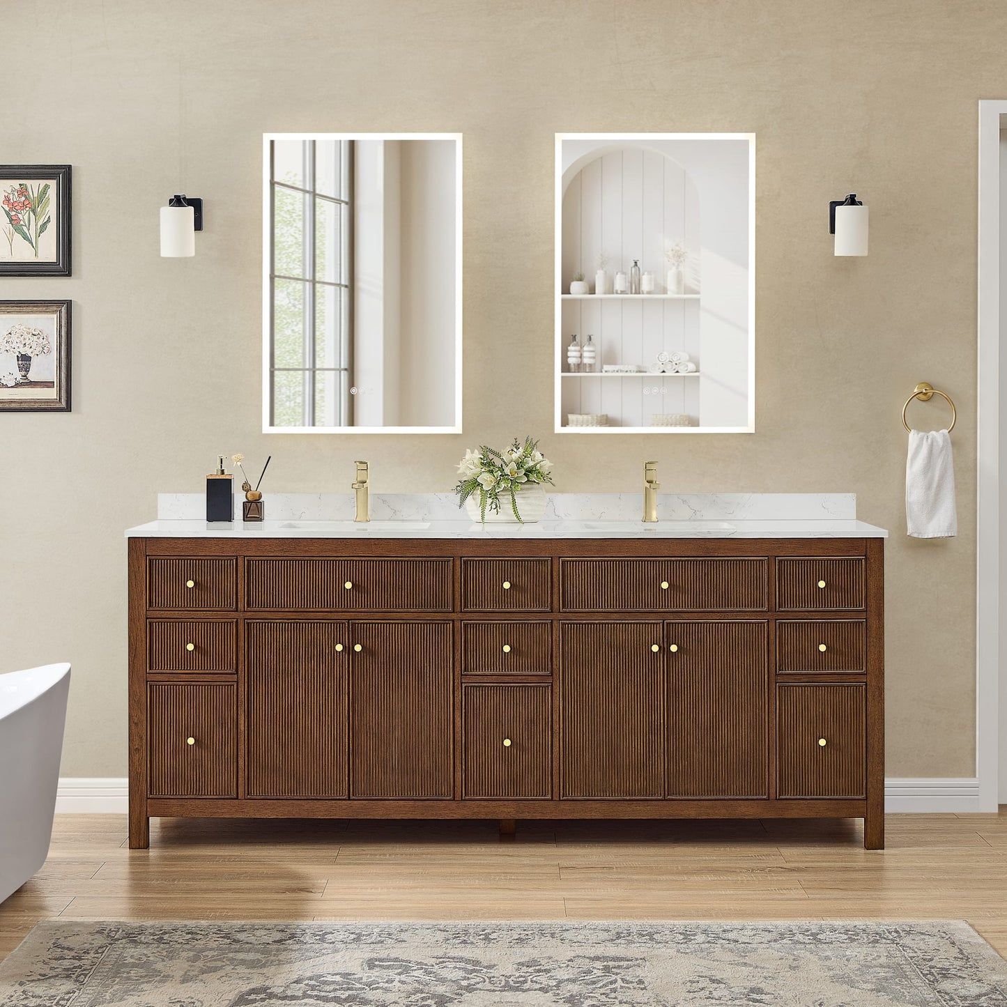 Pendry Bathroom Vanity with Countertop 84 inch Double Sink Single hole Faucet Setup