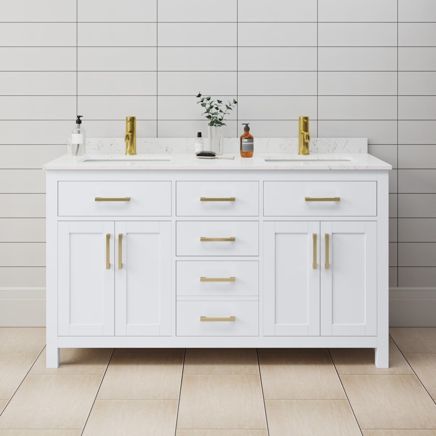 Beckett Bathroom Vanity with Countertop 60 inch Double Sink Single hole Faucet Setup
