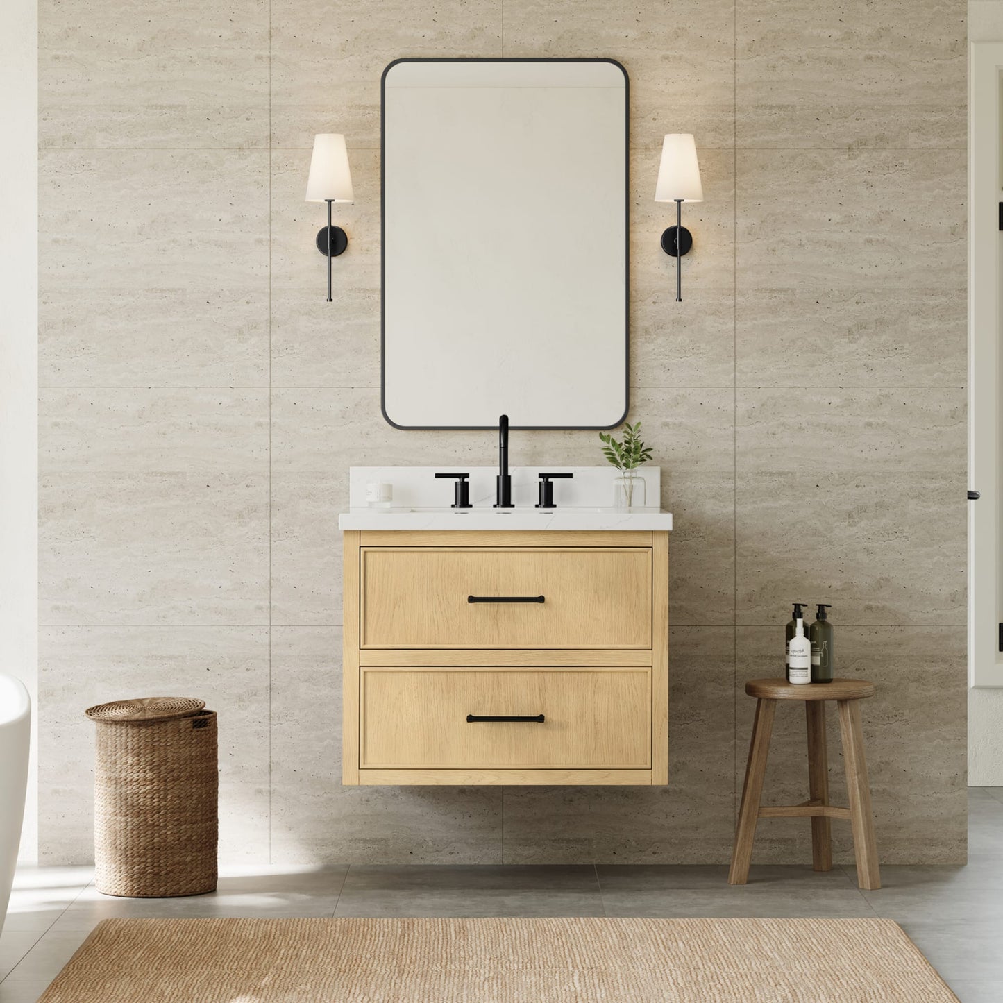 Isola WM Wall Mounted Bathroom Vanity with Countertop 30 inch Single Sink 3-hole Faucet Setup