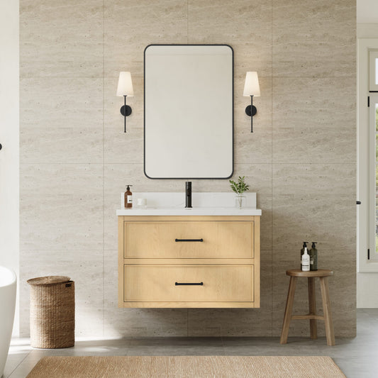 Isola WM Wall Mounted Bathroom Vanity with Countertop 36 inch Single Sink Single hole Faucet Setup