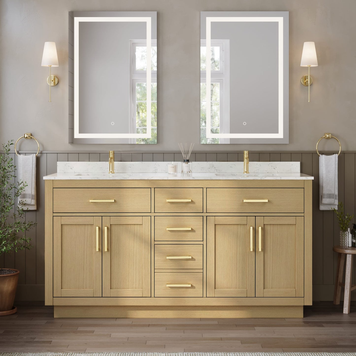 Beckett TK Bathroom Vanity with Countertop 66 inch Double Sink Single hole Faucet Setup