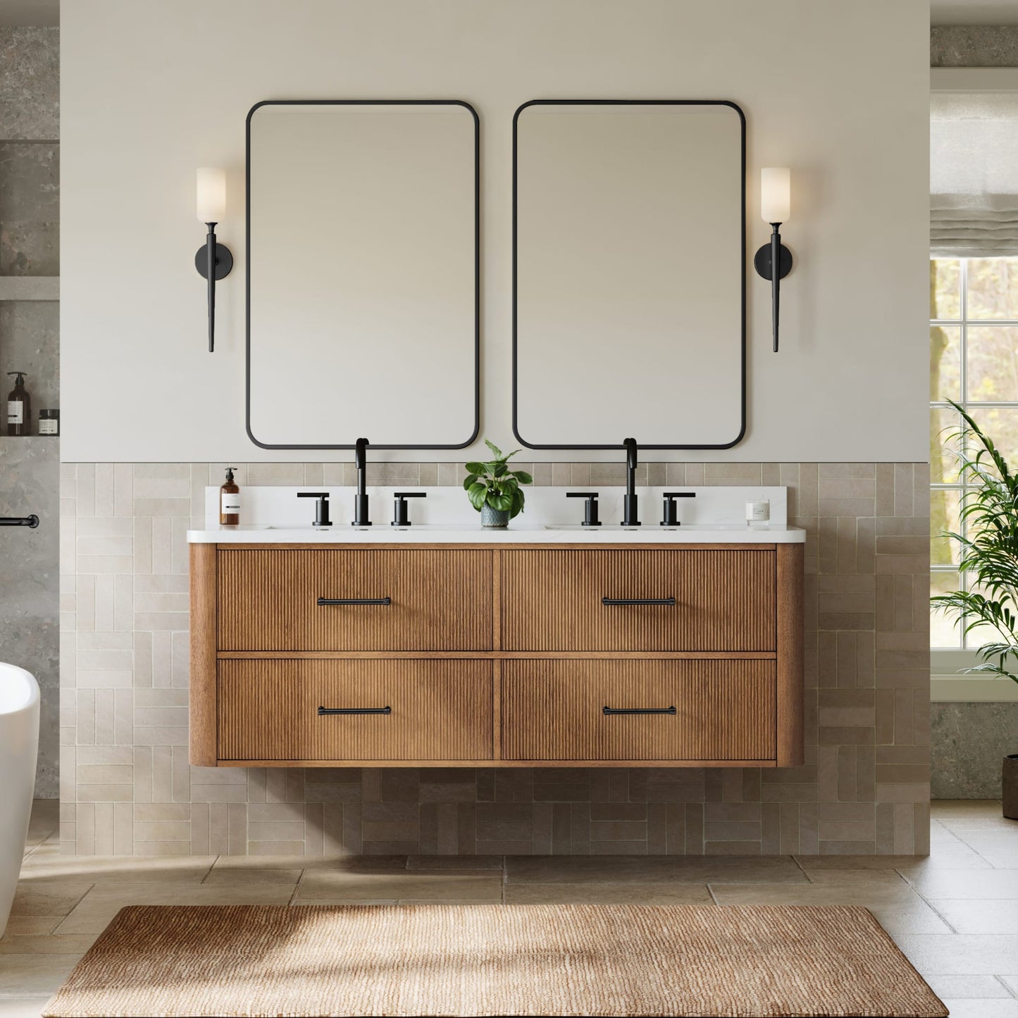 Francesca WM Wall Mounted Bathroom Vanity with Countertop 60 inch Double Sink 3-hole Faucet Setup