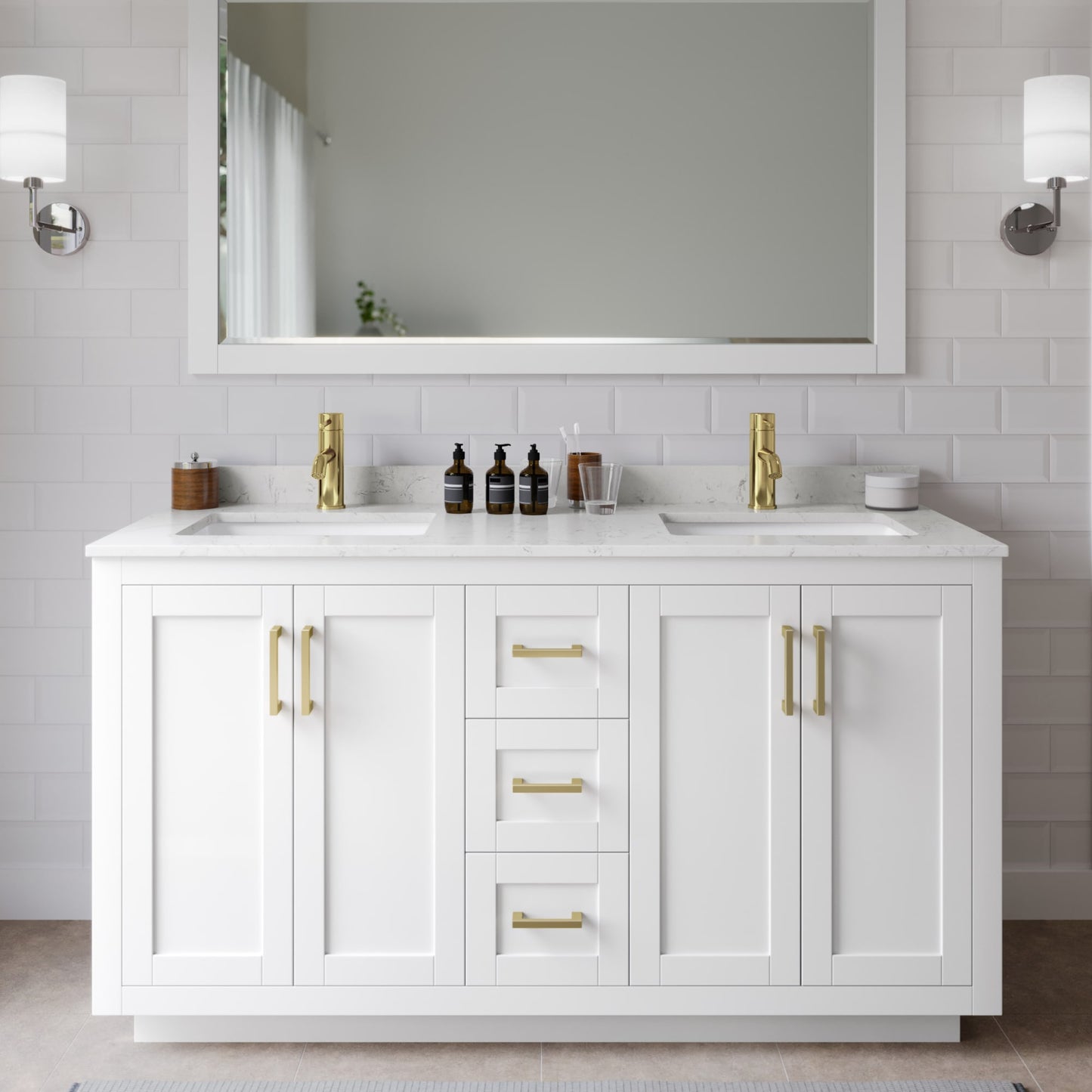 Miranda Bathroom Vanity with Countertop 60 inch Double Sink Single hole Faucet Setup