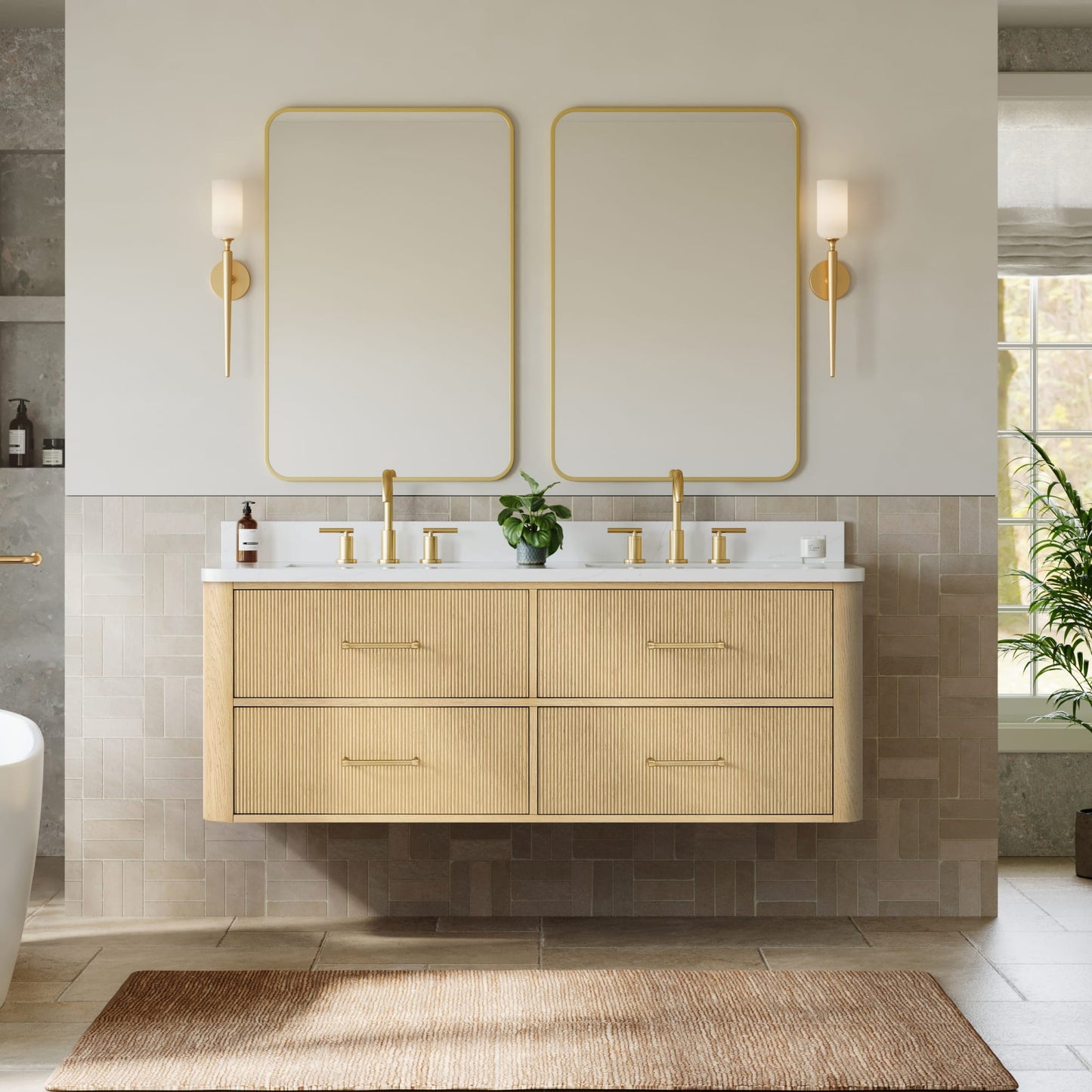 Francesca WM Wall Mounted Bathroom Vanity with Countertop 60 inch Double Sink 3-hole Faucet Setup