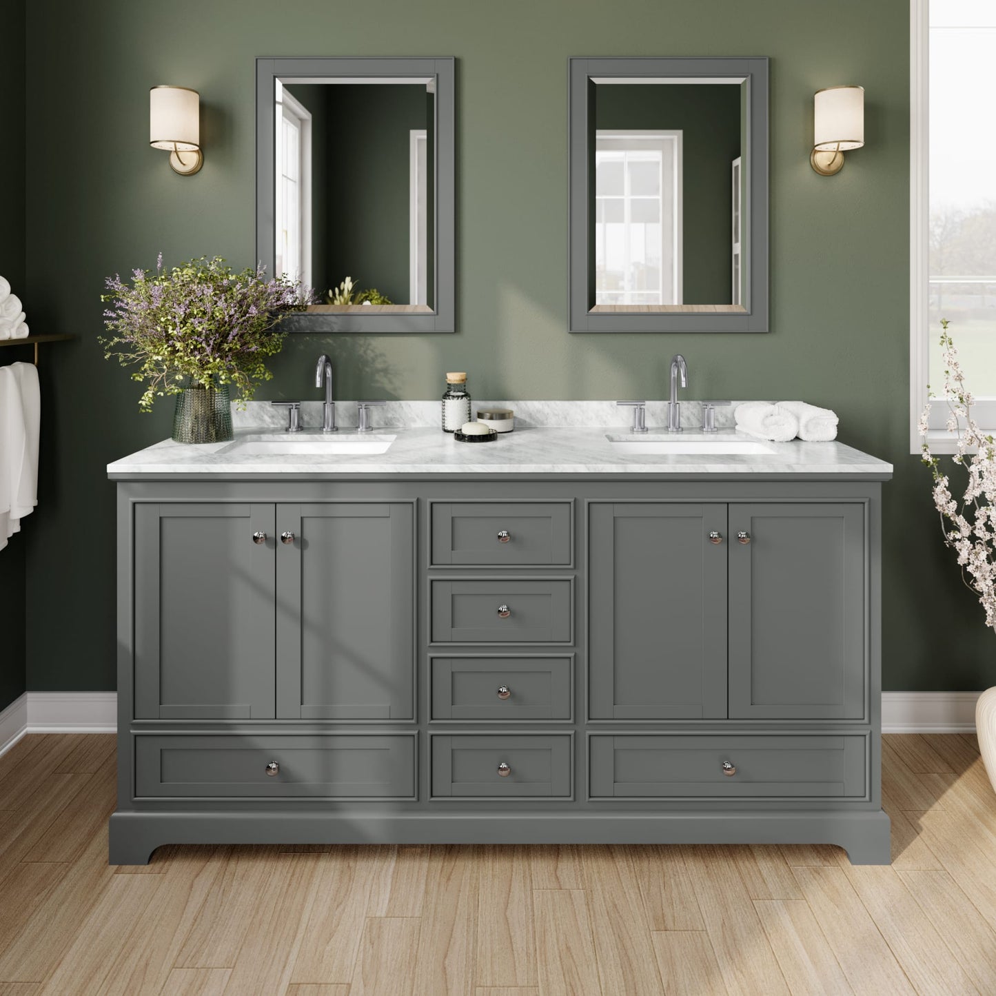Deborah Bathroom Vanity with Countertop 72 inch Double Sink 3-hole Faucet Setup