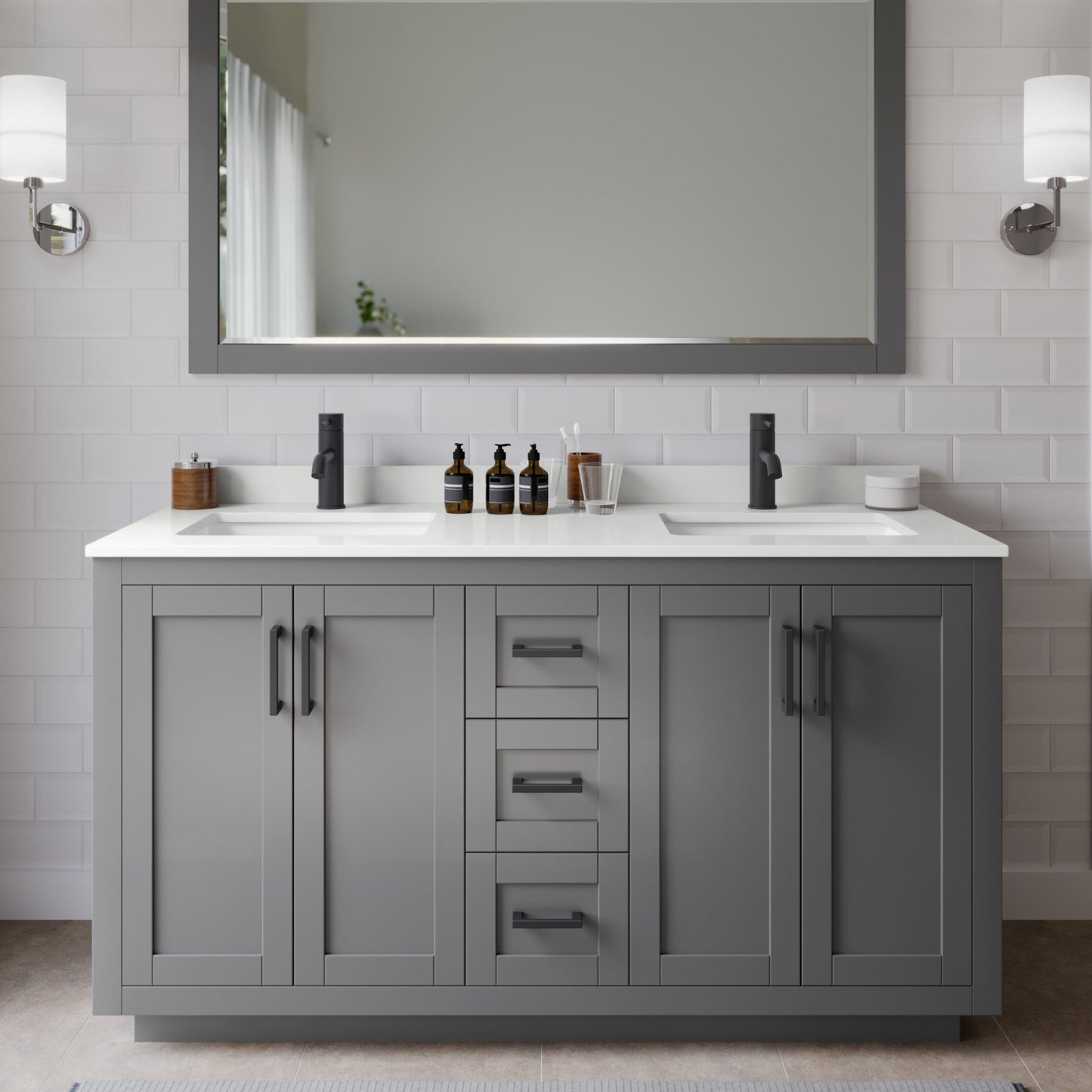 Miranda Bathroom Vanity with Countertop 60 inch Double Sink Single hole Faucet Setup
