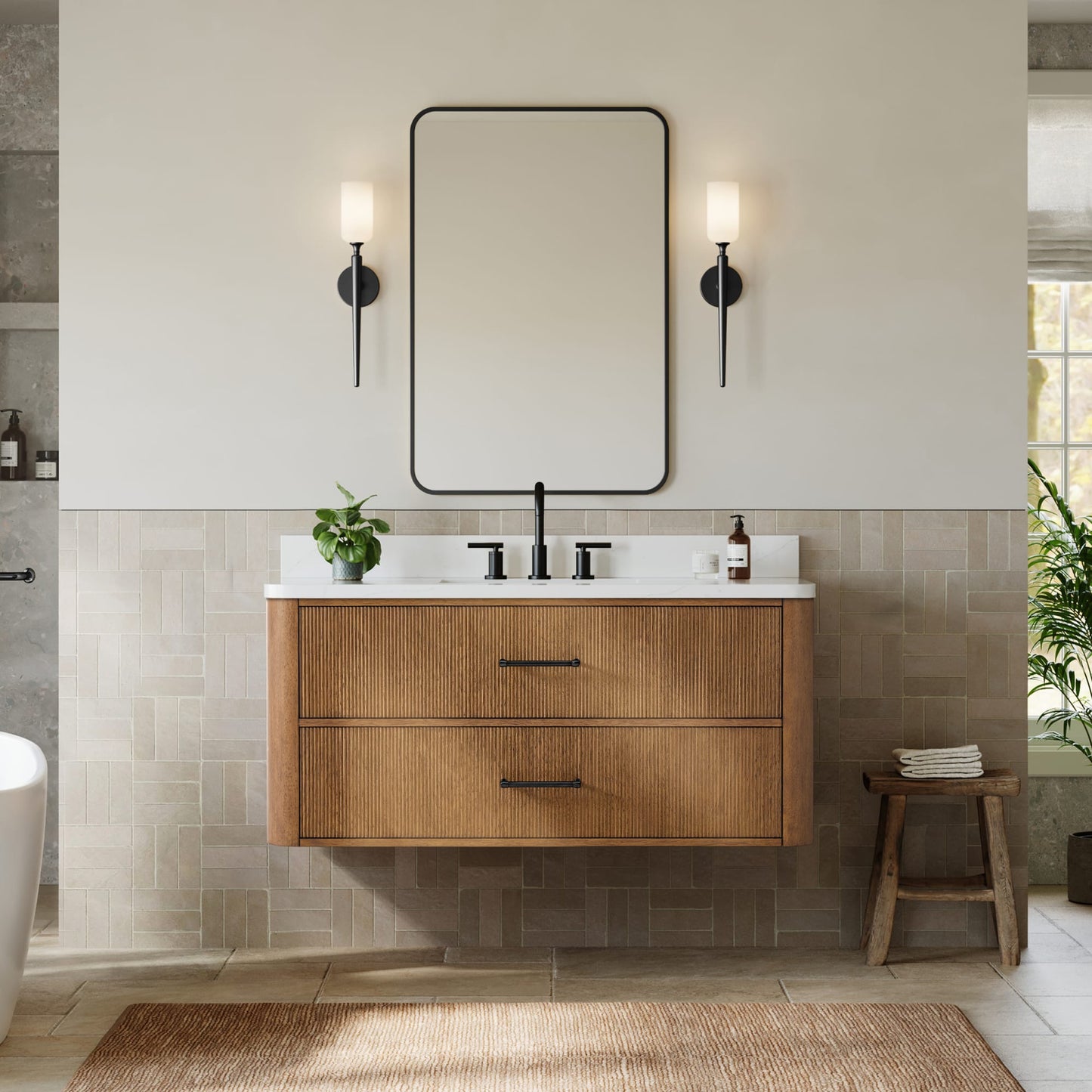 Francesca WM Wall Mounted Bathroom Vanity with Countertop 48 inch Single Sink 3-hole Faucet Setup