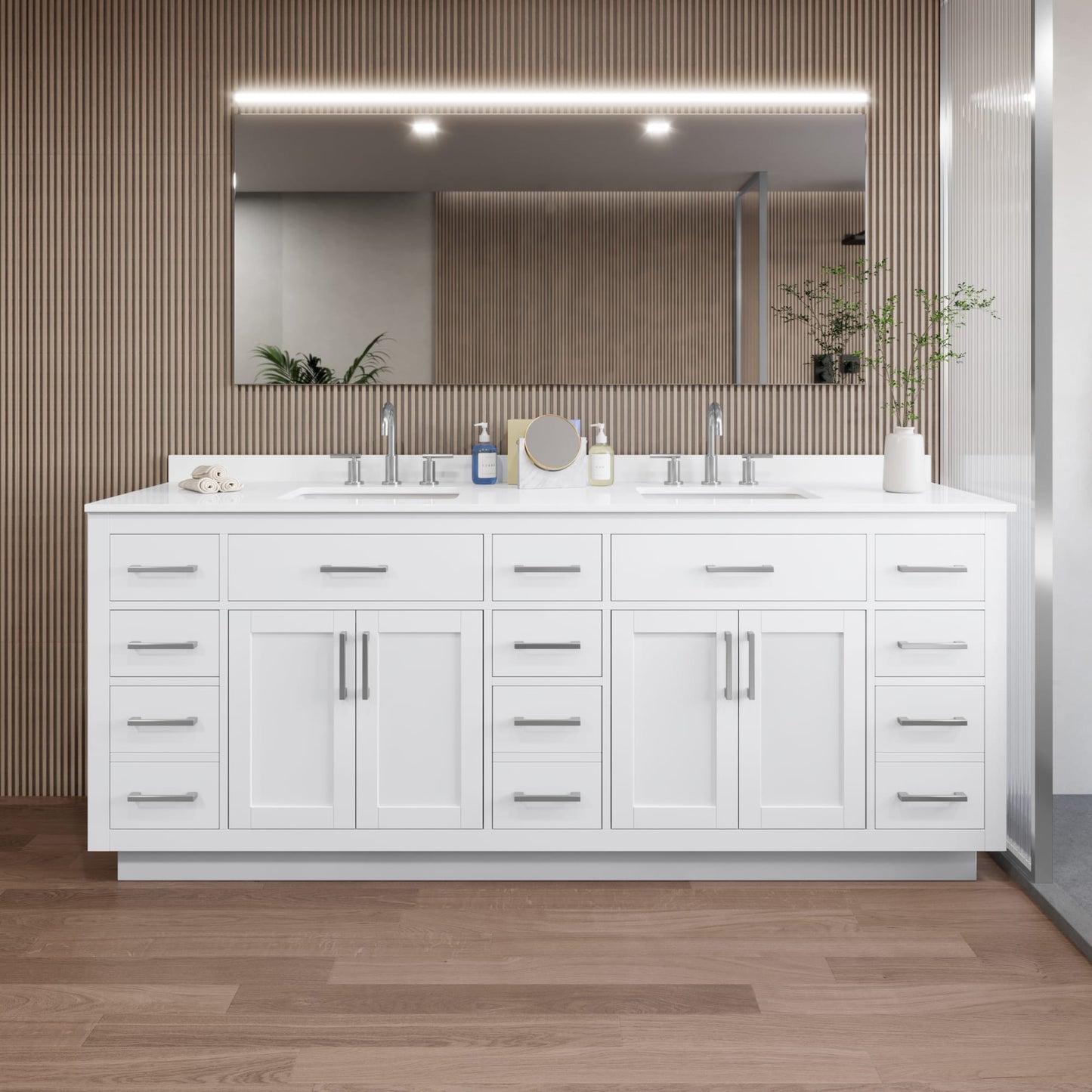 Beckett TK Bathroom Vanity with Countertop 84 inch Double Sink 3-hole Faucet Setup