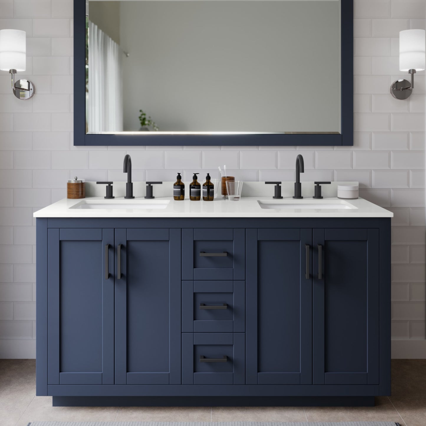 Miranda Bathroom Vanity with Countertop 60 inch Double Sink 3-hole Faucet Setup
