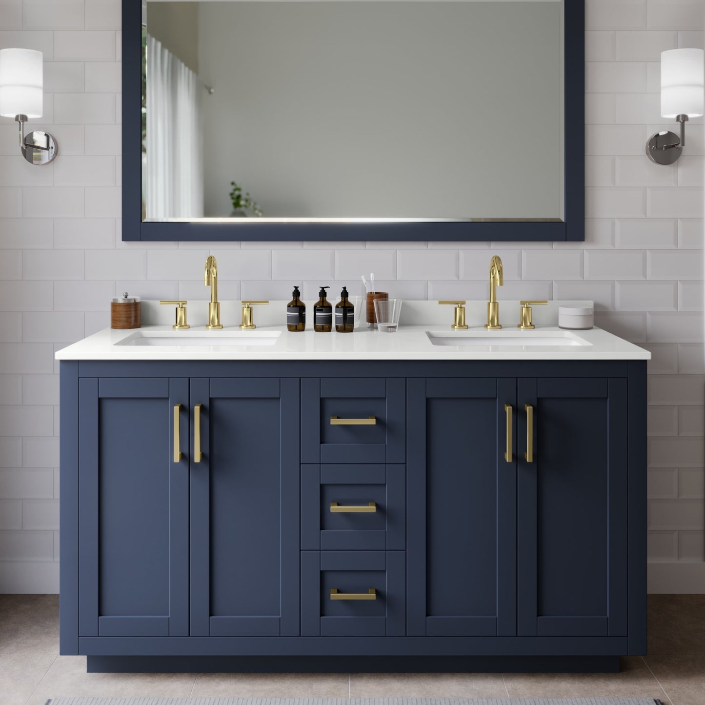 Miranda Bathroom Vanity with Countertop 60 inch Double Sink 3-hole Faucet Setup