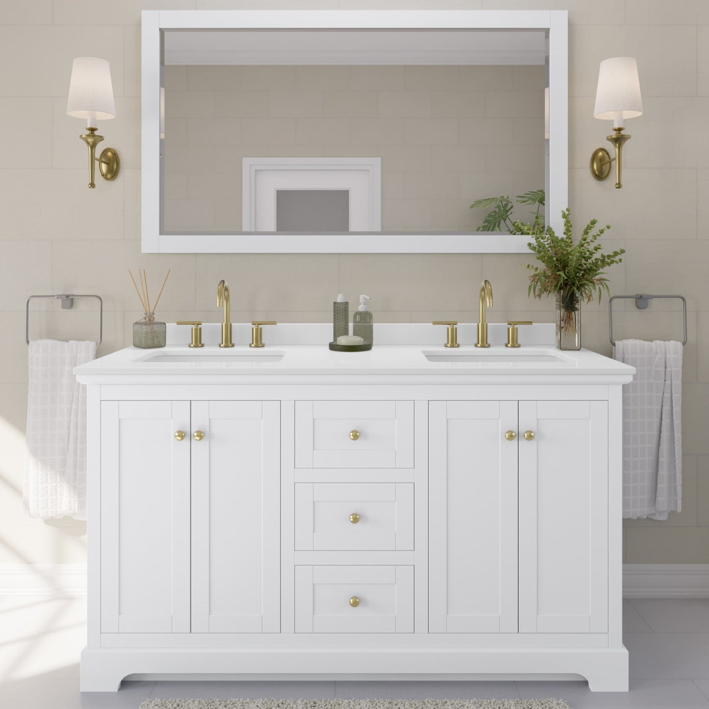 Avery Bathroom Vanity with Countertop 60 inch Double Sink 3-hole Faucet Setup