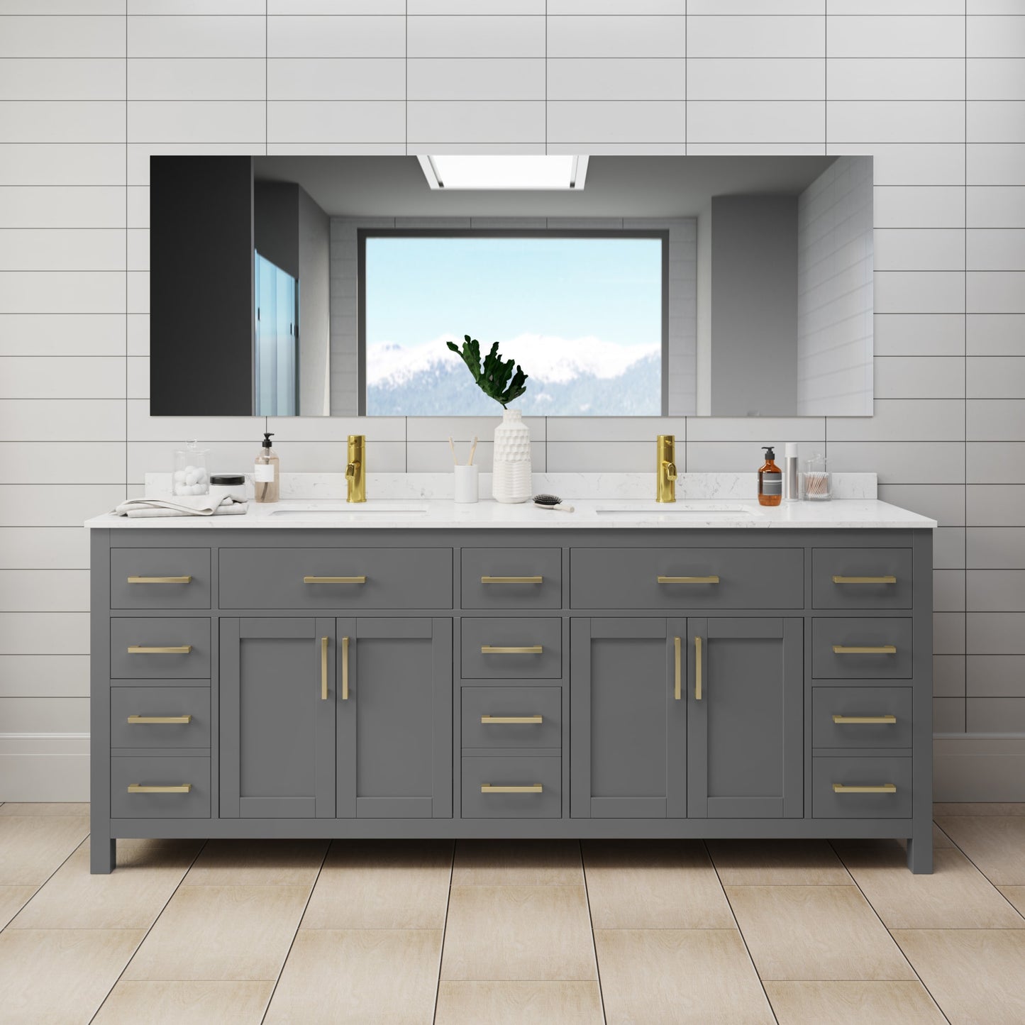 Beckett Bathroom Vanity with Countertop 84 inch Double Sink Single hole Faucet Setup