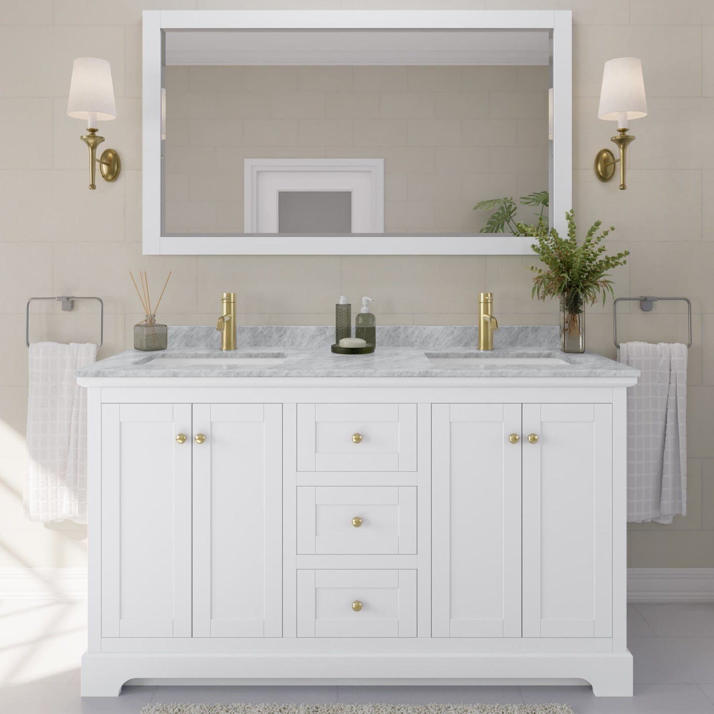 Avery Bathroom Vanity with Countertop 60 inch Double Sink Single hole Faucet Setup