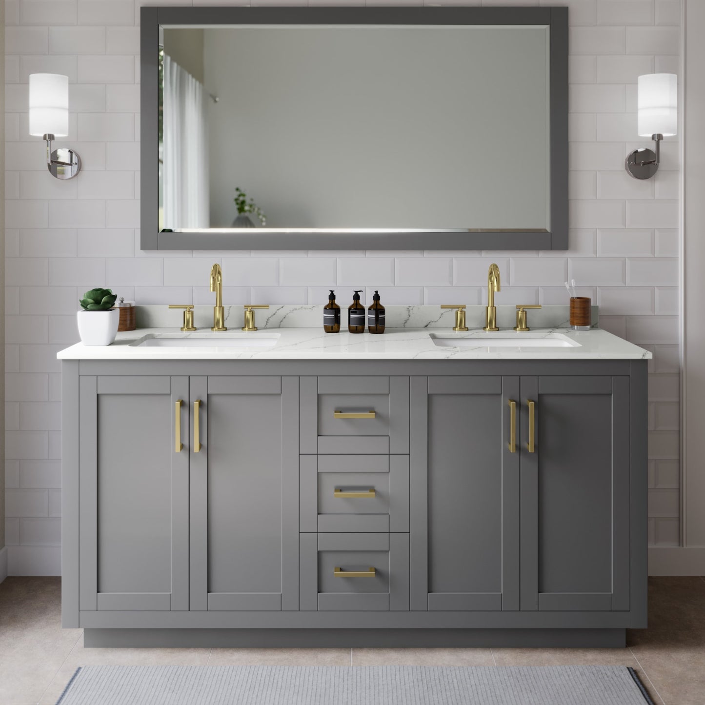 Miranda Bathroom Vanity with Countertop 66 inch Double Sink 3-hole Faucet Setup