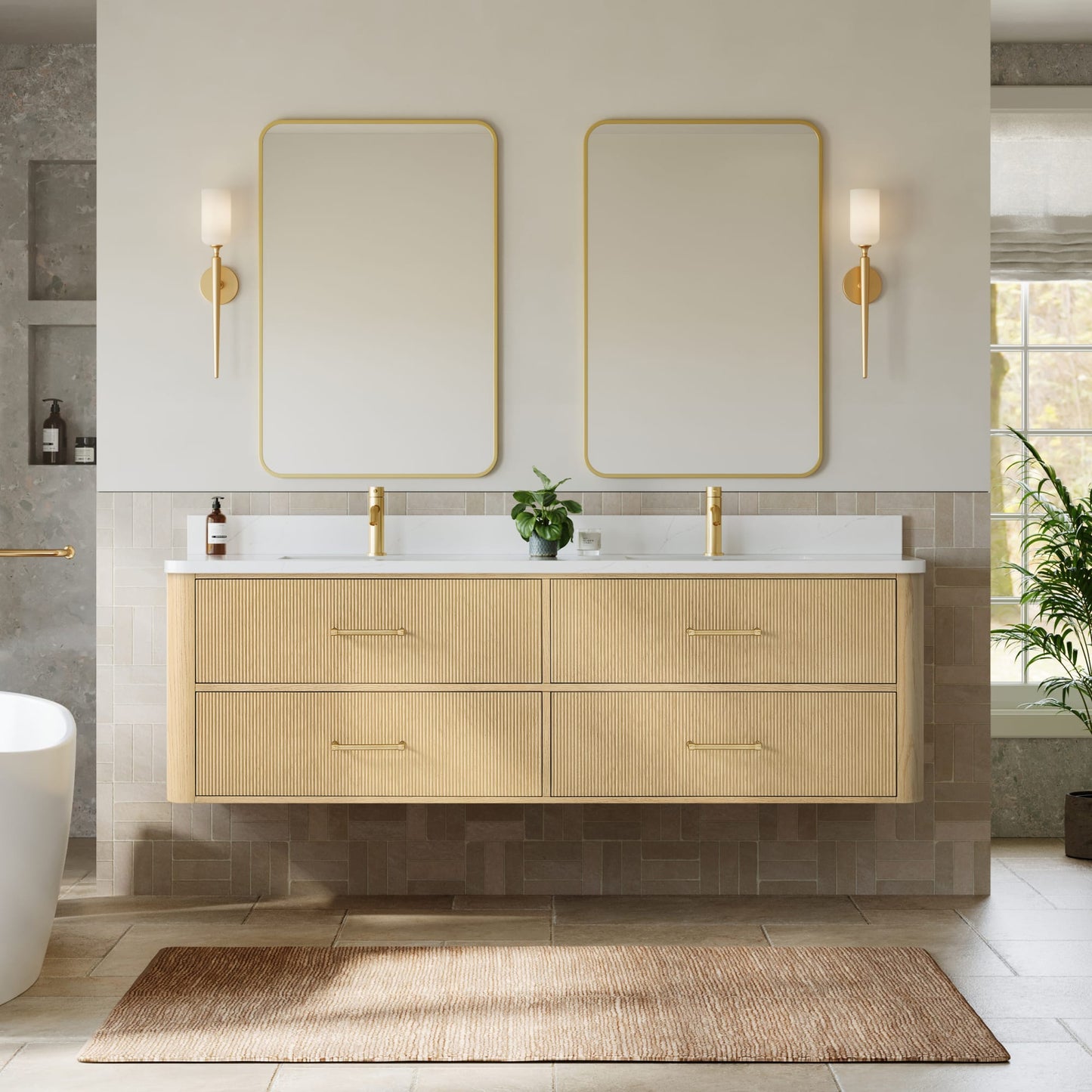 Francesca WM Wall Mounted Bathroom Vanity with Countertop 72 inch Double Sink Single hole Faucet Setup