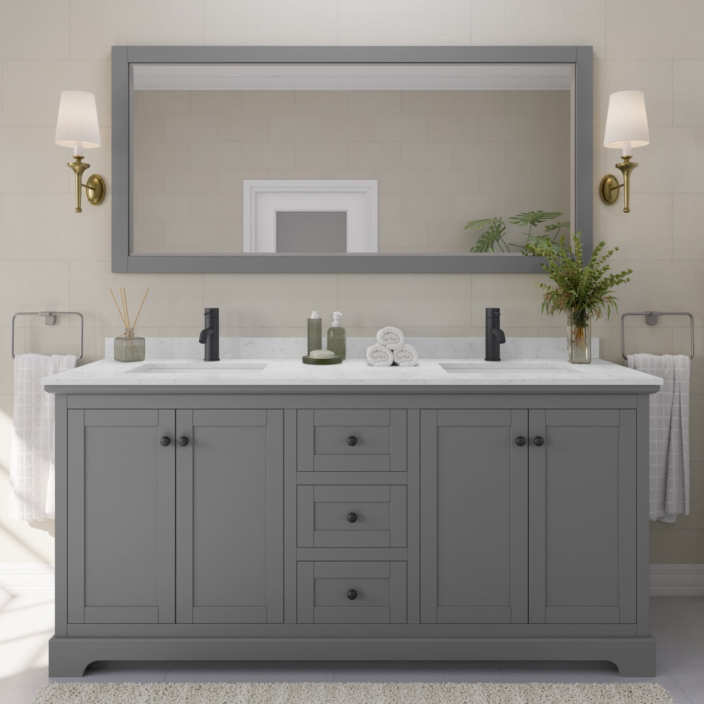 Avery Bathroom Vanity with Countertop 72 inch Double Sink Single hole Faucet Setup