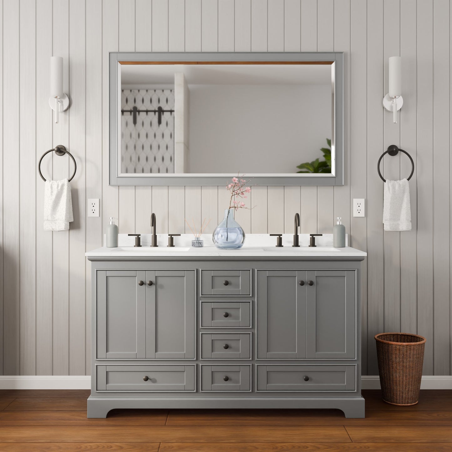 Deborah Bathroom Vanity with Countertop 60 inch Double Sink 3-hole Faucet Setup
