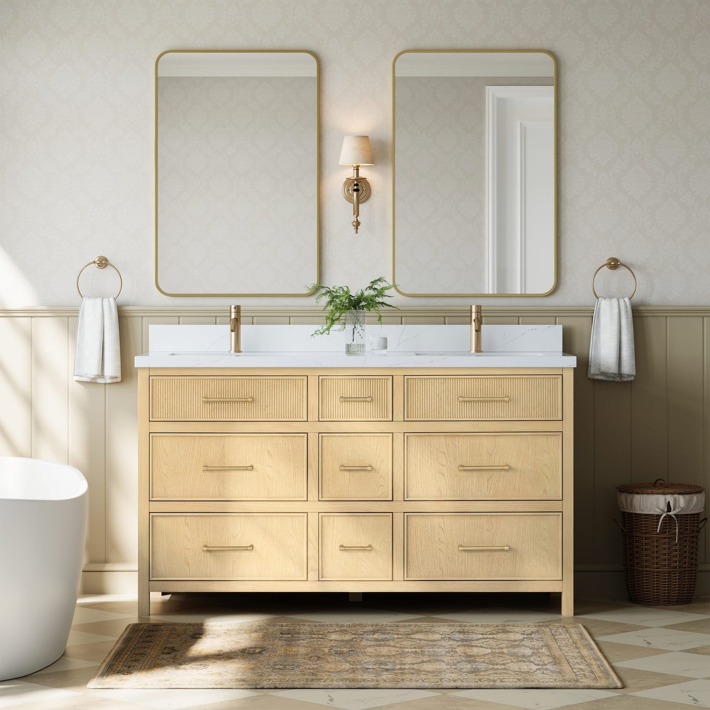 Isola Bathroom Vanity with Countertop 60 inch Double Sink Single hole Faucet Setup