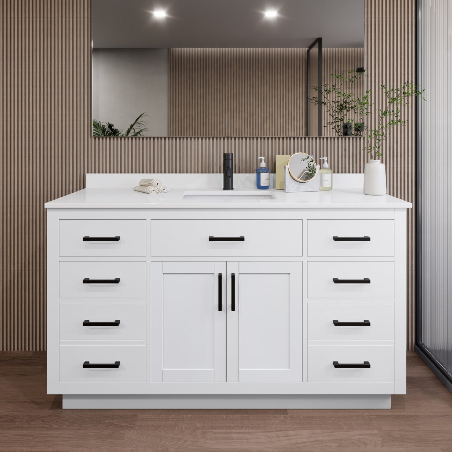 Beckett TK Bathroom Vanity with Countertop 60 inch Single Sink Single hole Faucet Setup