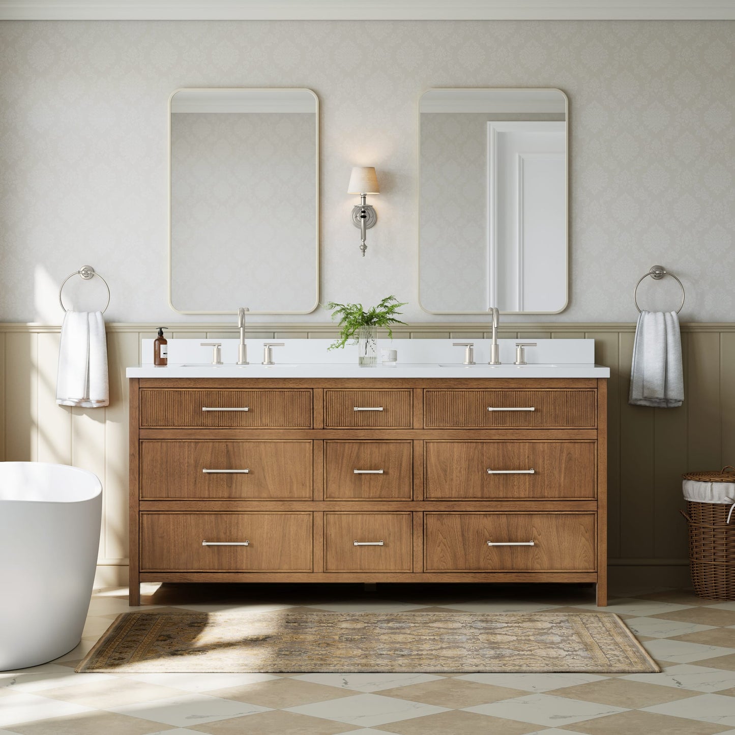 Isola Bathroom Vanity with Countertop 72 inch Double Sink 3-hole Faucet Setup