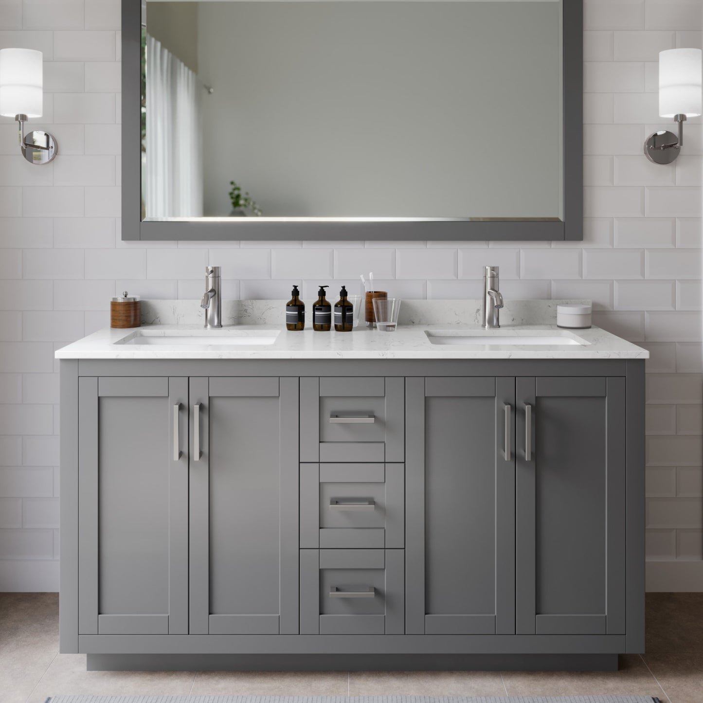 Miranda Bathroom Vanity with Countertop 60 inch Double Sink Single hole Faucet Setup