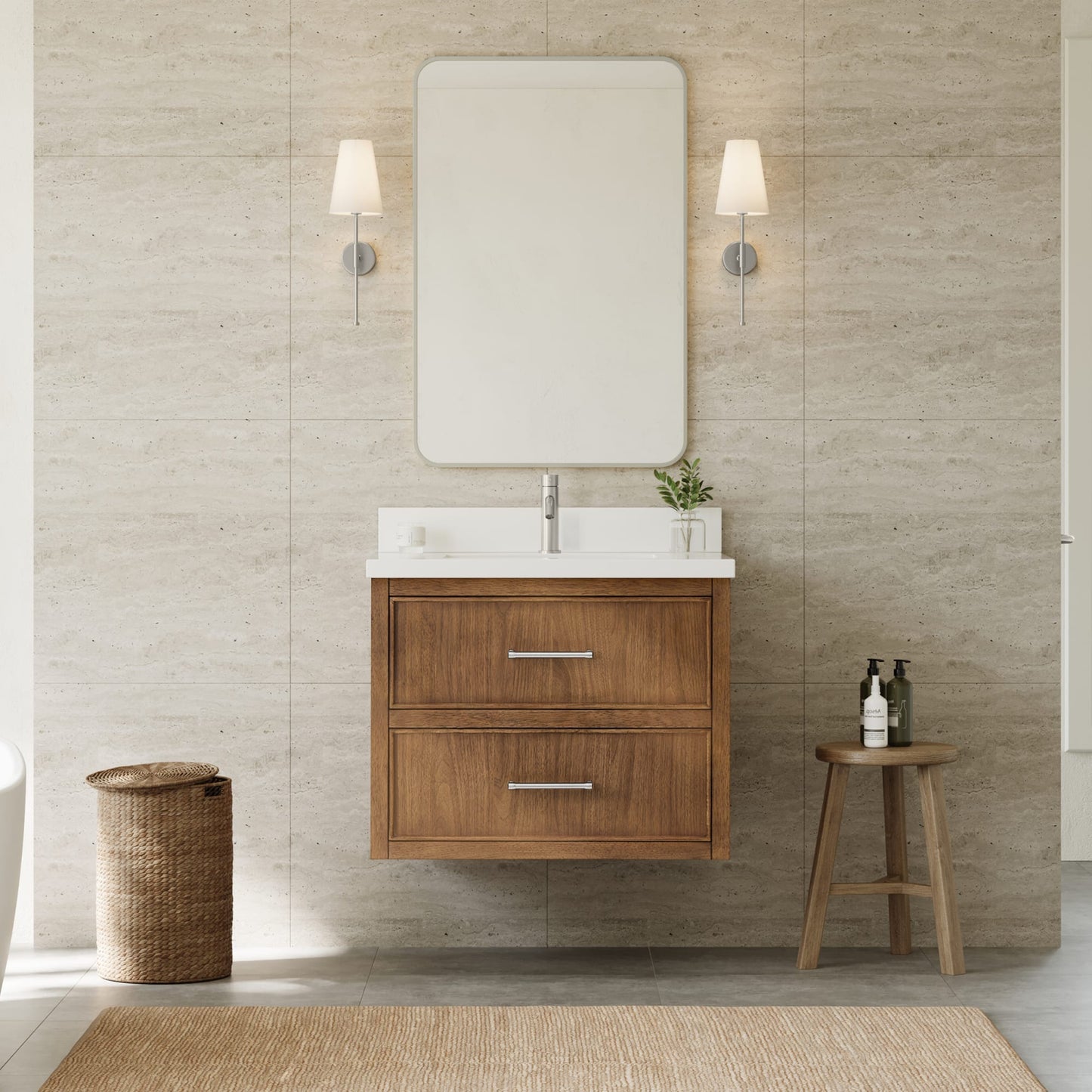 Isola WM Wall Mounted Bathroom Vanity with Countertop 30 inch Single Sink Single hole Faucet Setup