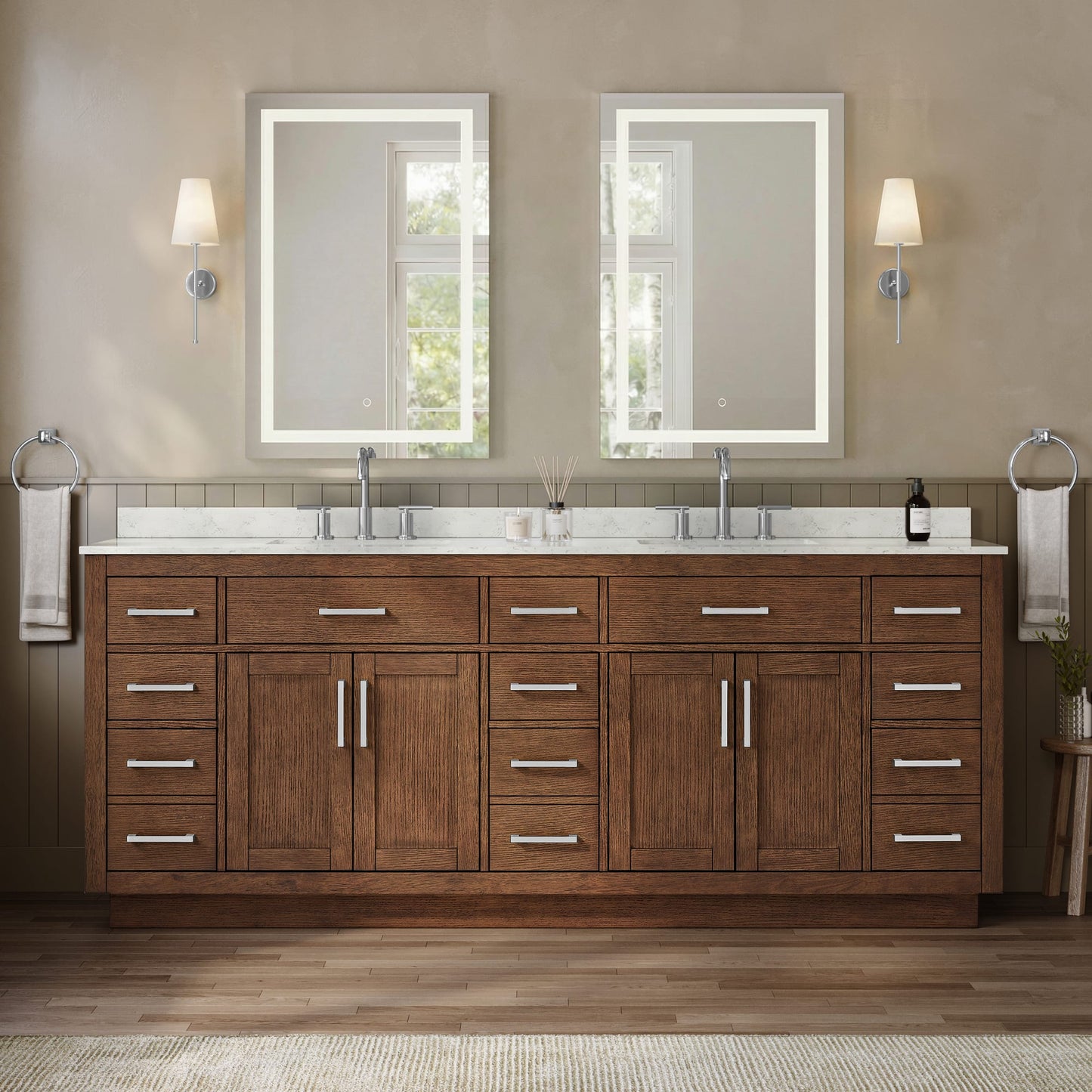Beckett TK Bathroom Vanity with Countertop 84 inch Double Sink 3-hole Faucet Setup