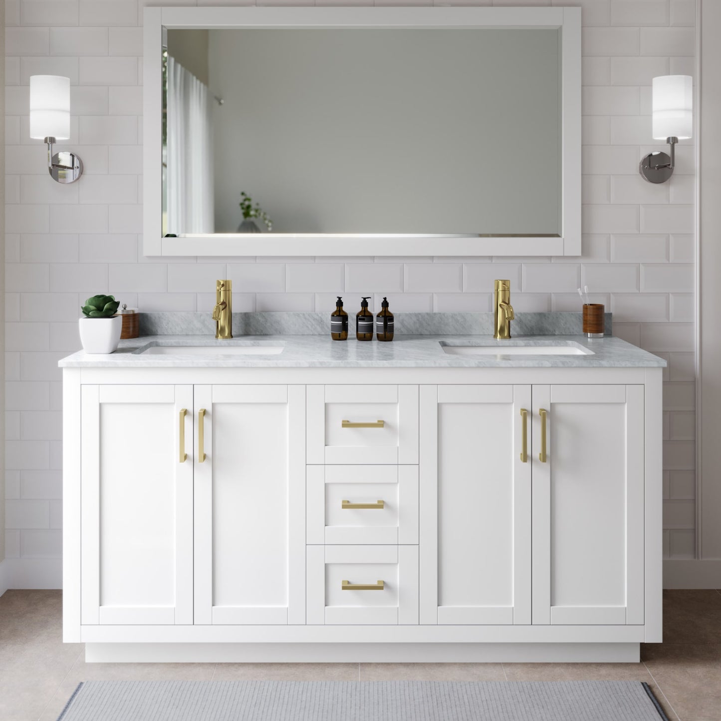 Miranda Bathroom Vanity with Countertop 66 inch Double Sink Single hole Faucet Setup