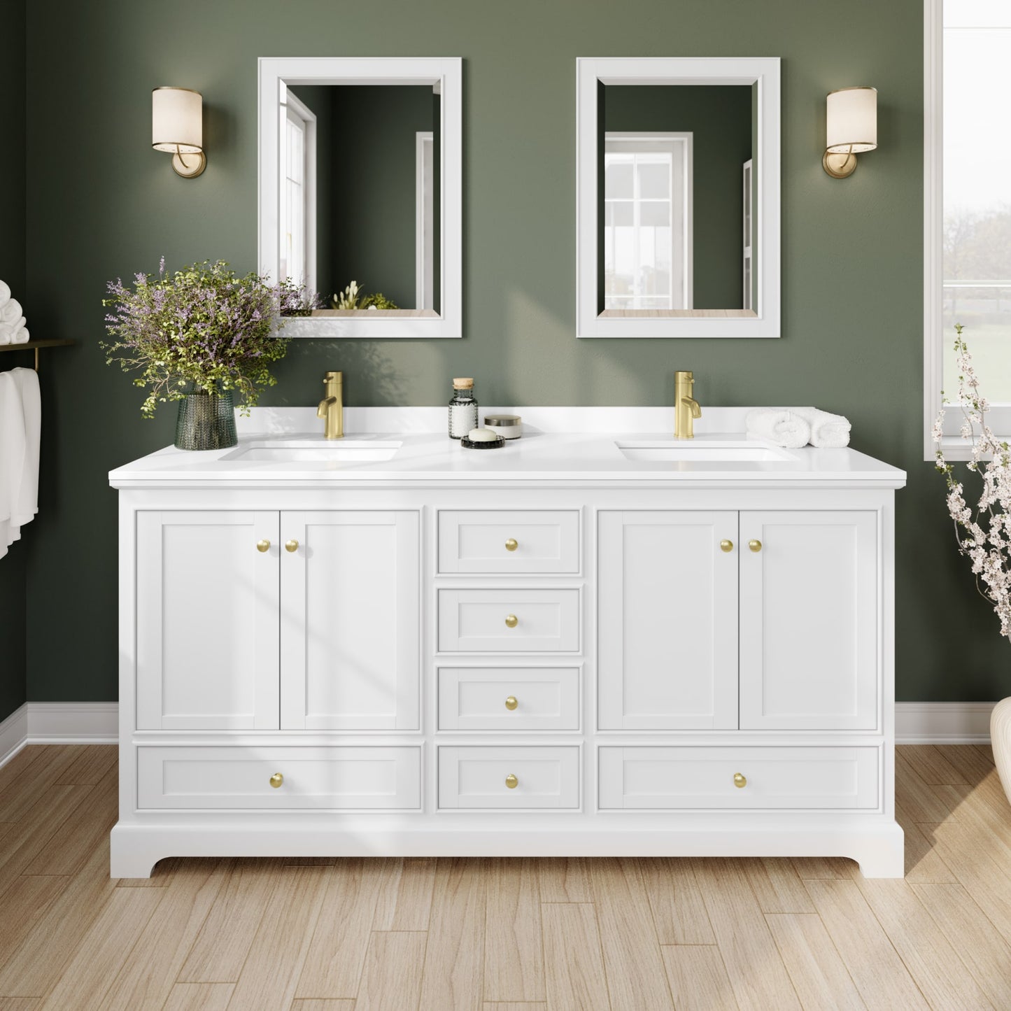 Deborah Bathroom Vanity with Countertop 72 inch Double Sink Single hole Faucet Setup